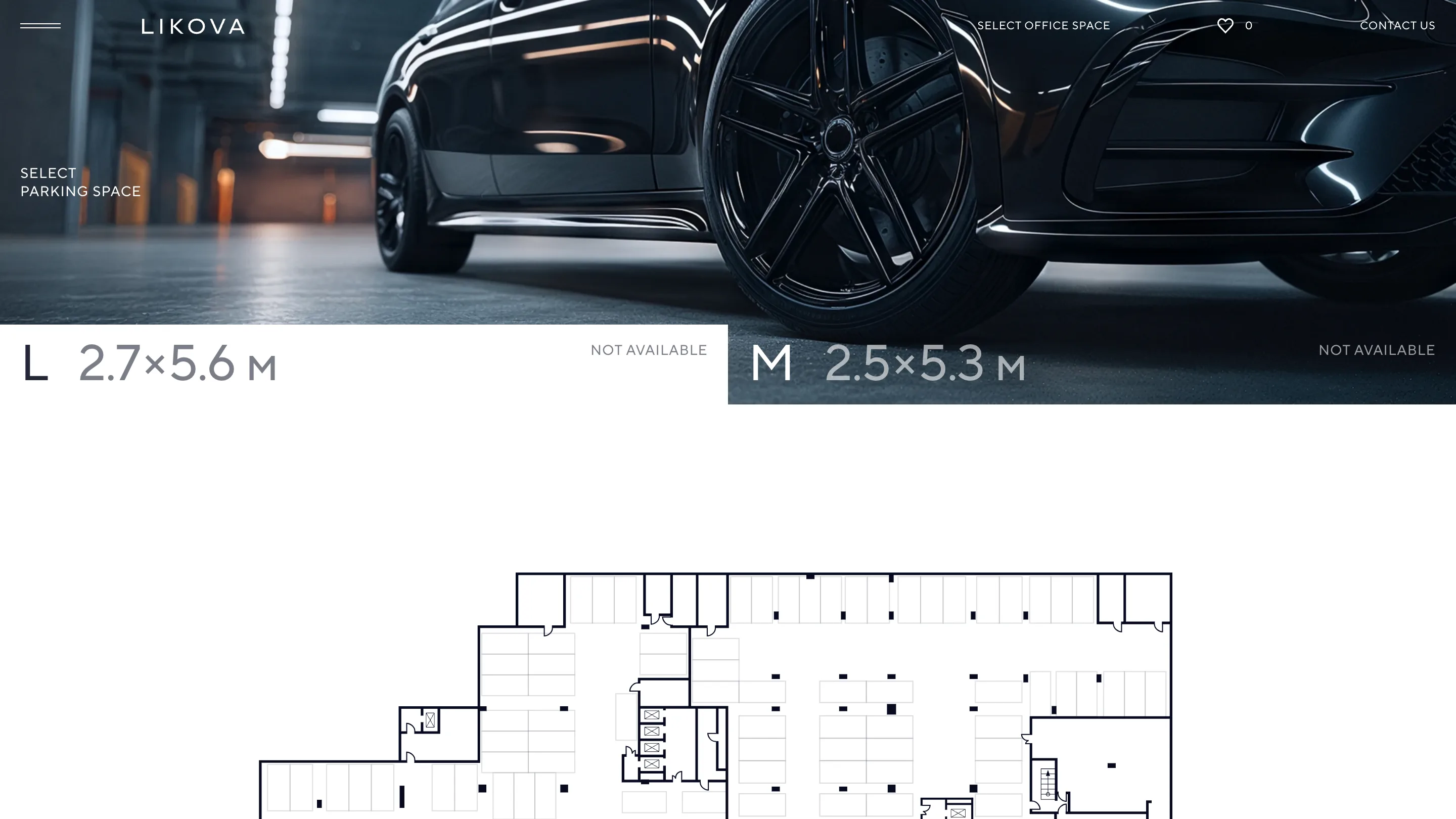 Likova's parking page: L and M space sizes above an underground garage plan