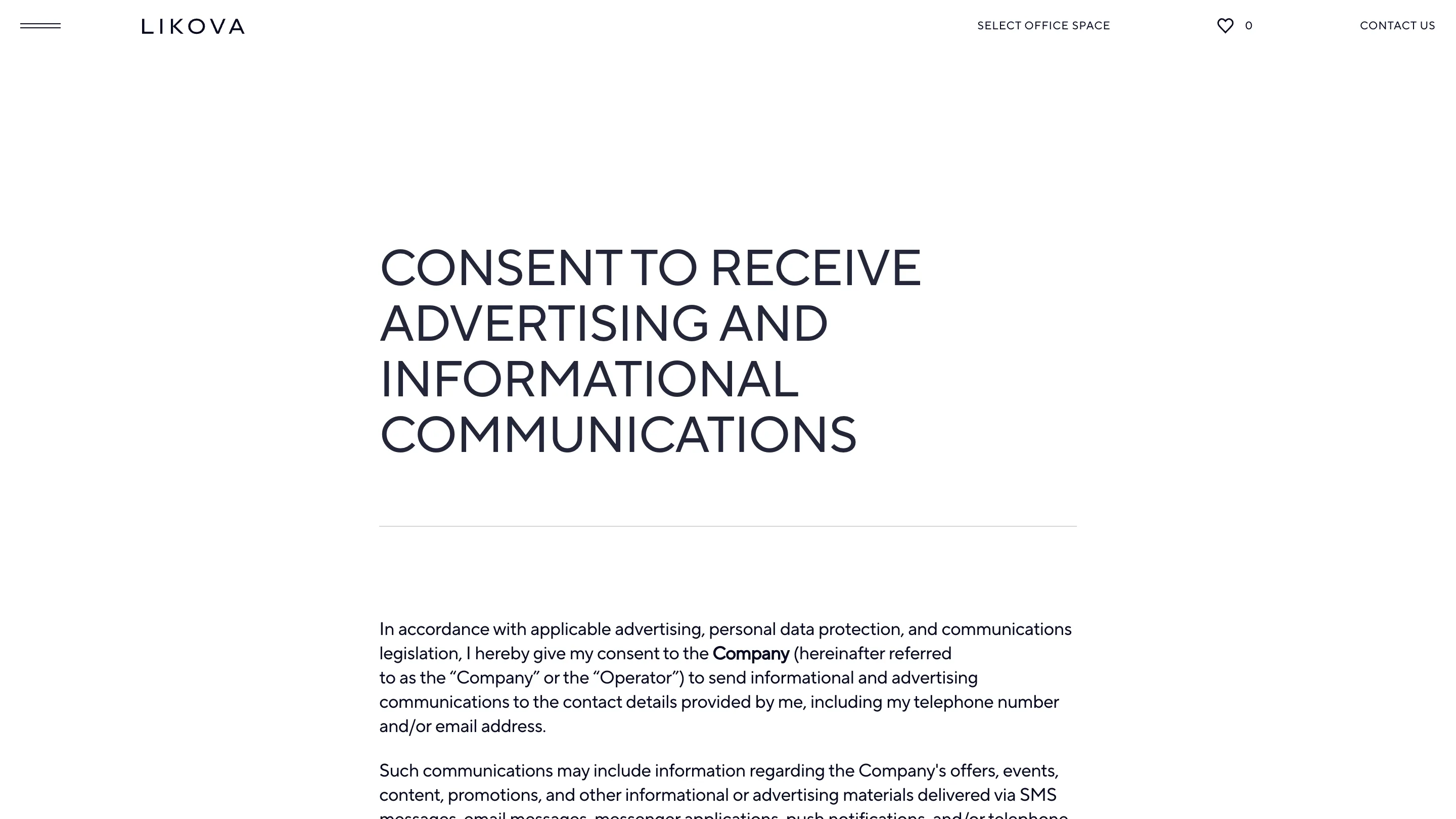 Likova's advertising consent page, with the legal title set in display type