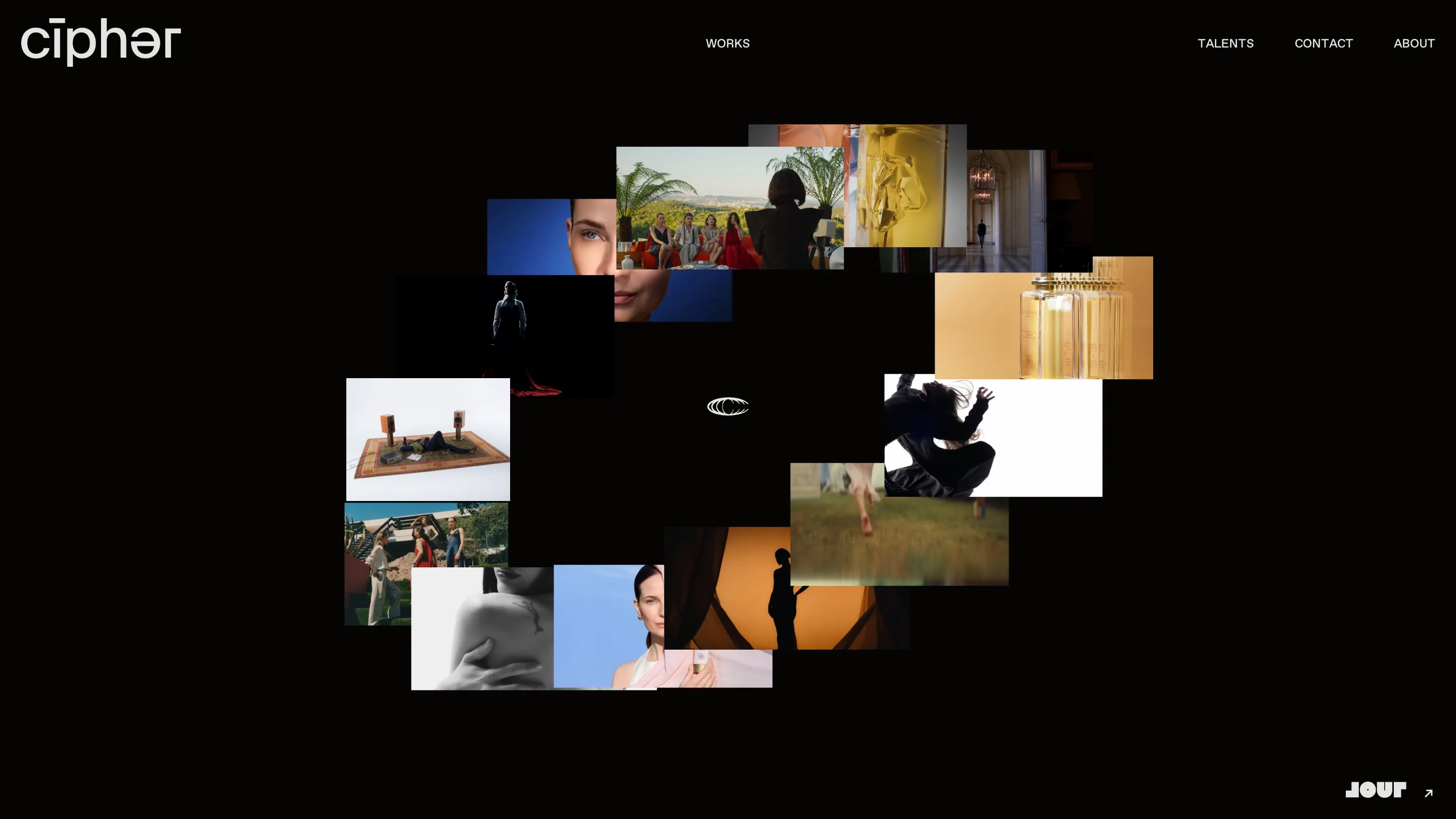Cipher's homepage: around sixteen film stills overlapping in a loose cluster on a near-black background