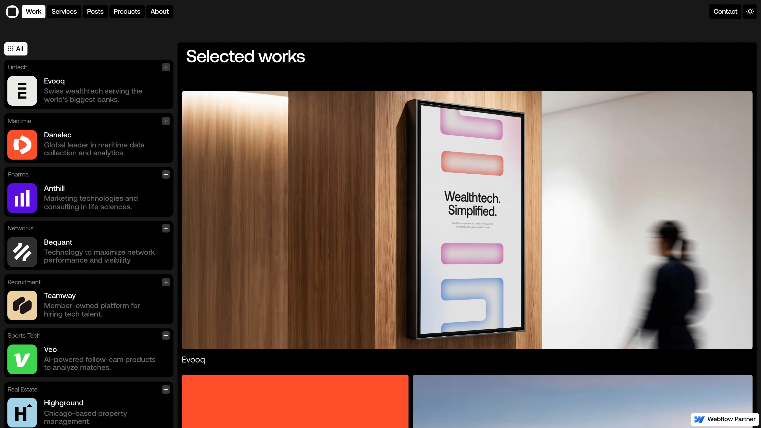 The Oimachi work page, with a left sidebar of client cards grouped by industry and a large project image on the right