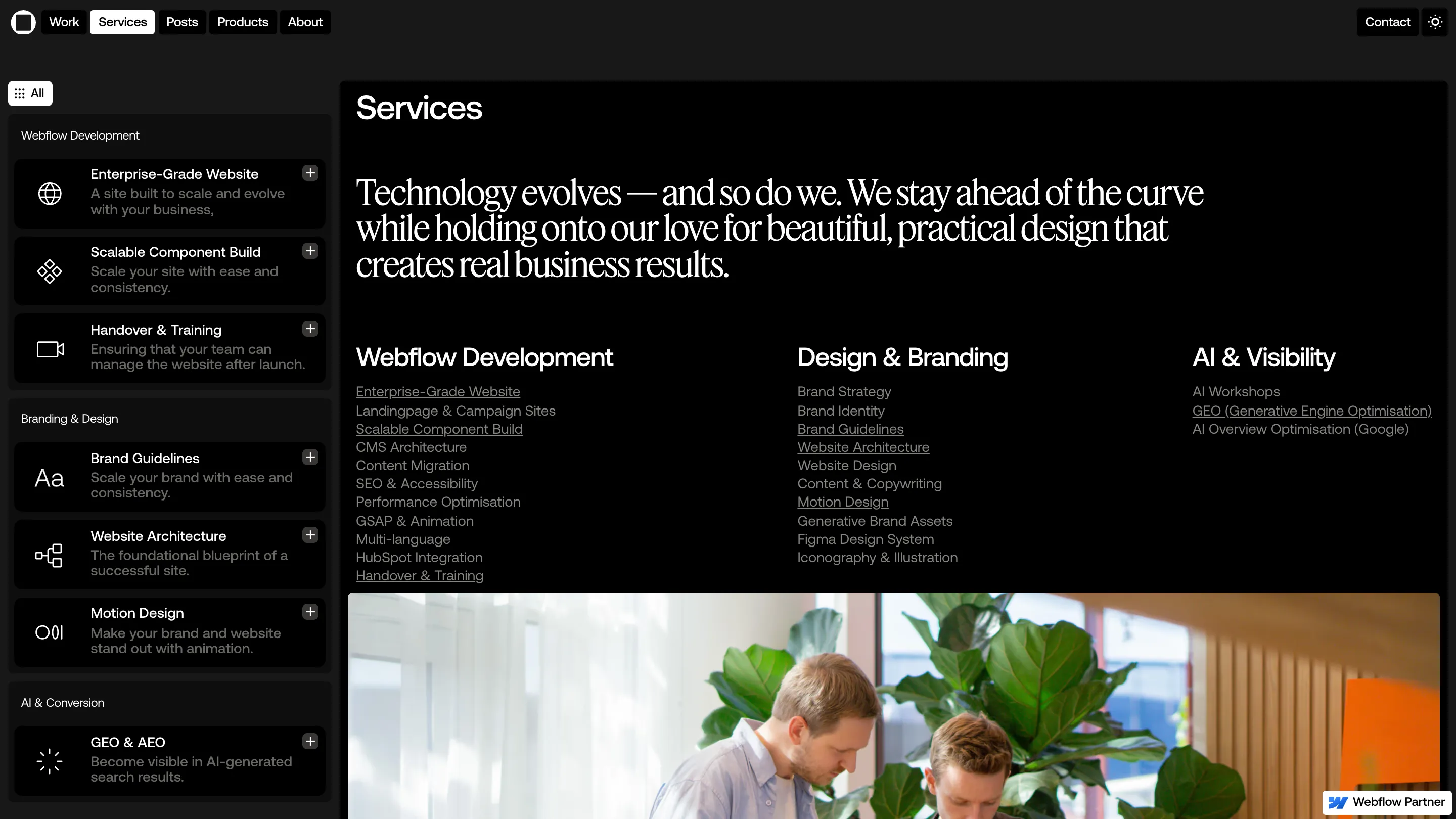 The Oimachi services page, with a serif statement and three columns of service lists