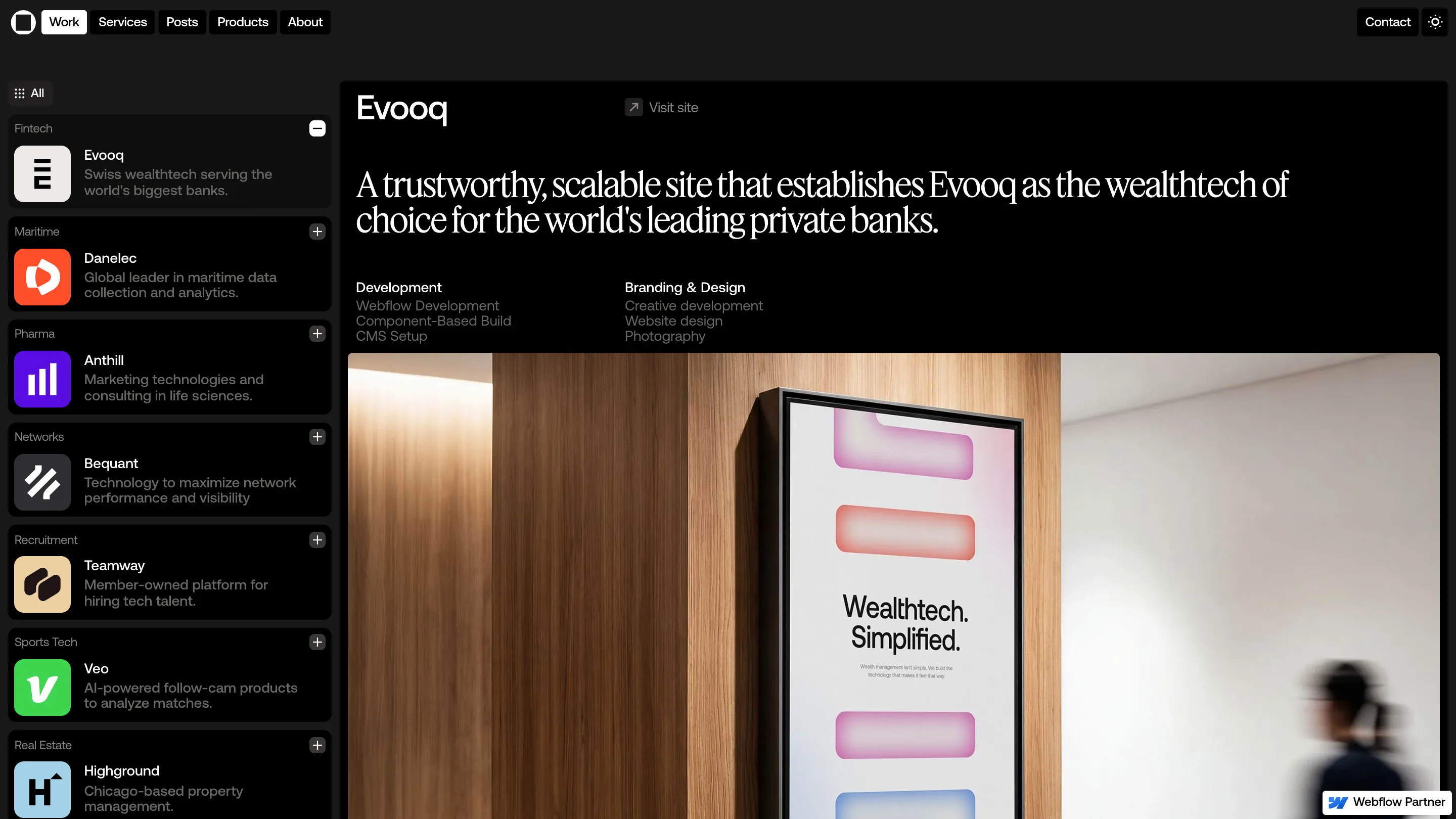 The Evooq case study open in the right pane, with the Evooq card in the sidebar showing a minus sign
