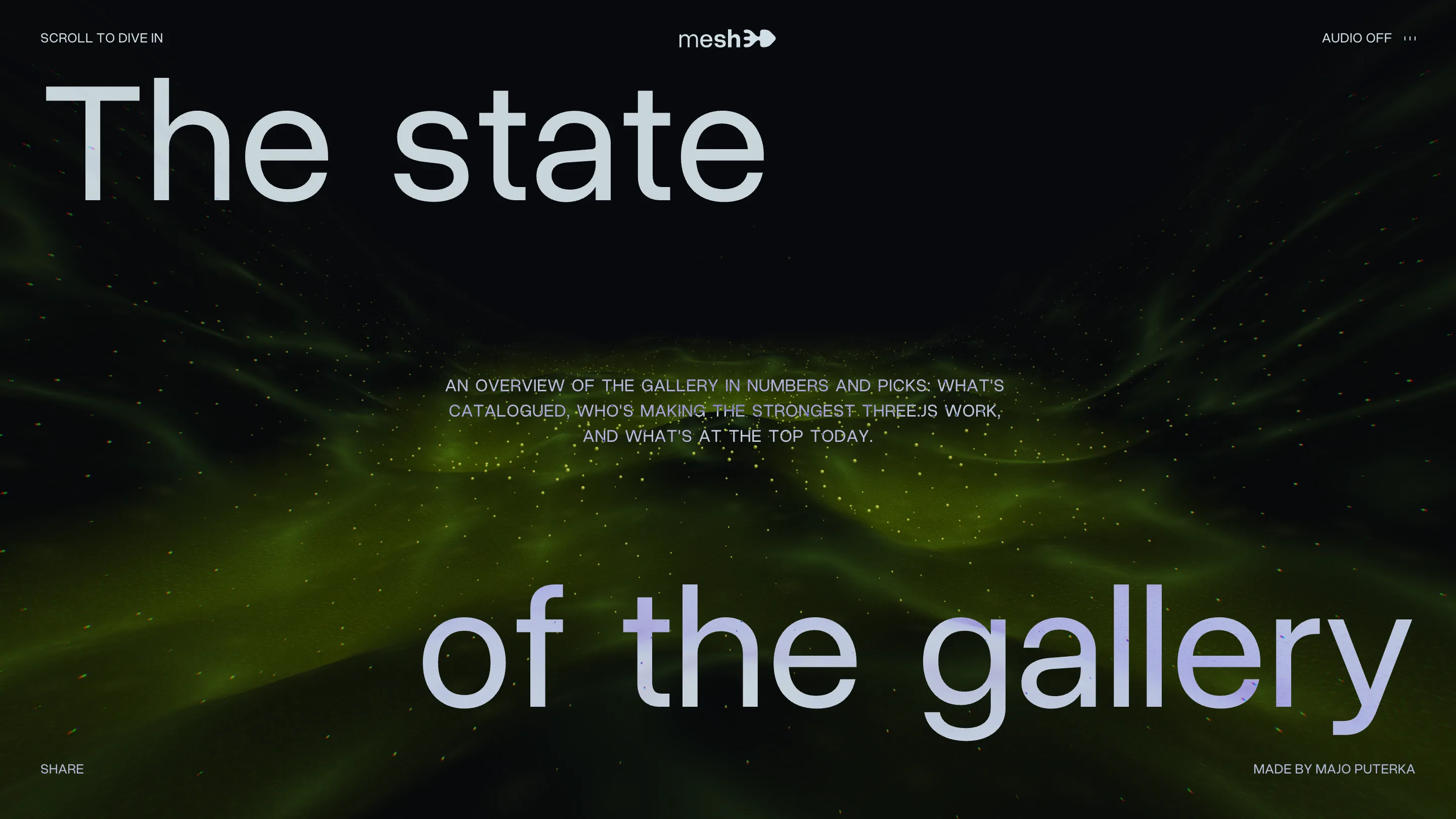 The State of the Gallery hero: light grotesk type split top-left and bottom-right across a near-black frame, over a drifting green particle field