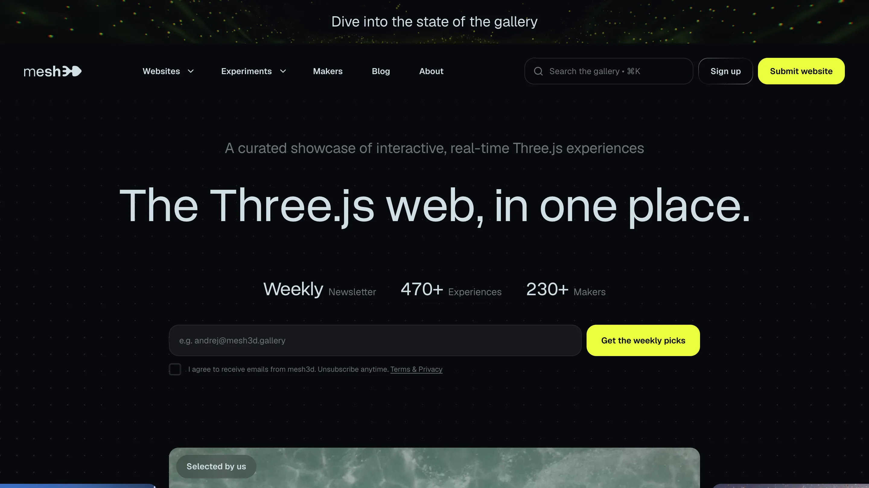 The mesh3d home page: the line 'The Three.js web, in one place' set large on near-black, with counts for experiences and makers underneath