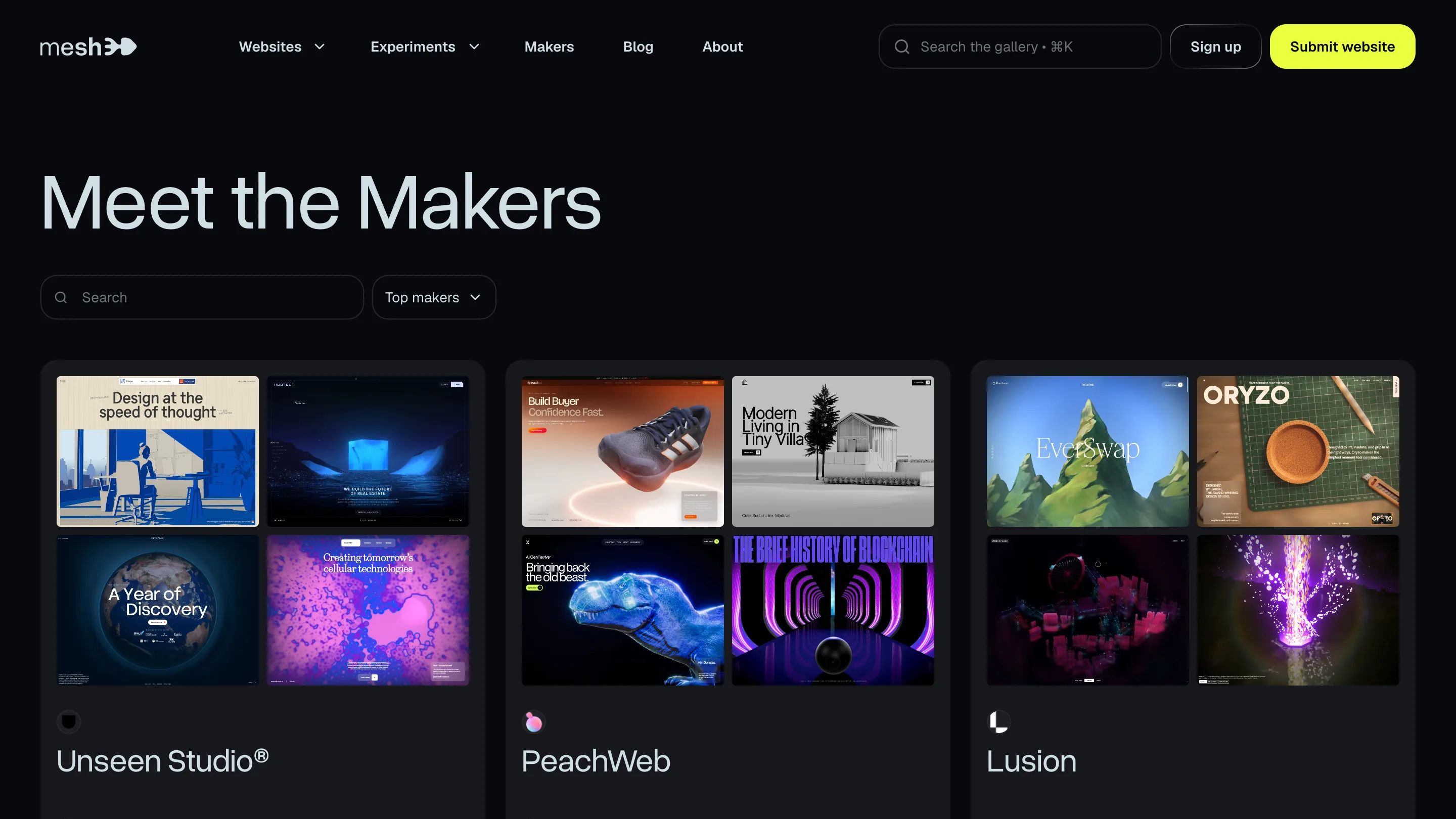 The mesh3d makers directory, with Unseen Studio, PeachWeb and Lusion each represented by four project thumbnails