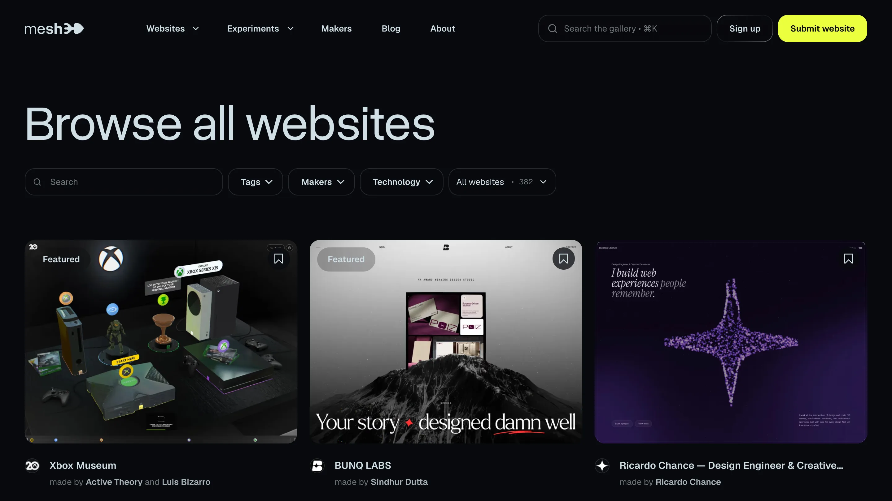 The mesh3d browse page, a dark grid of website cards with filter controls above