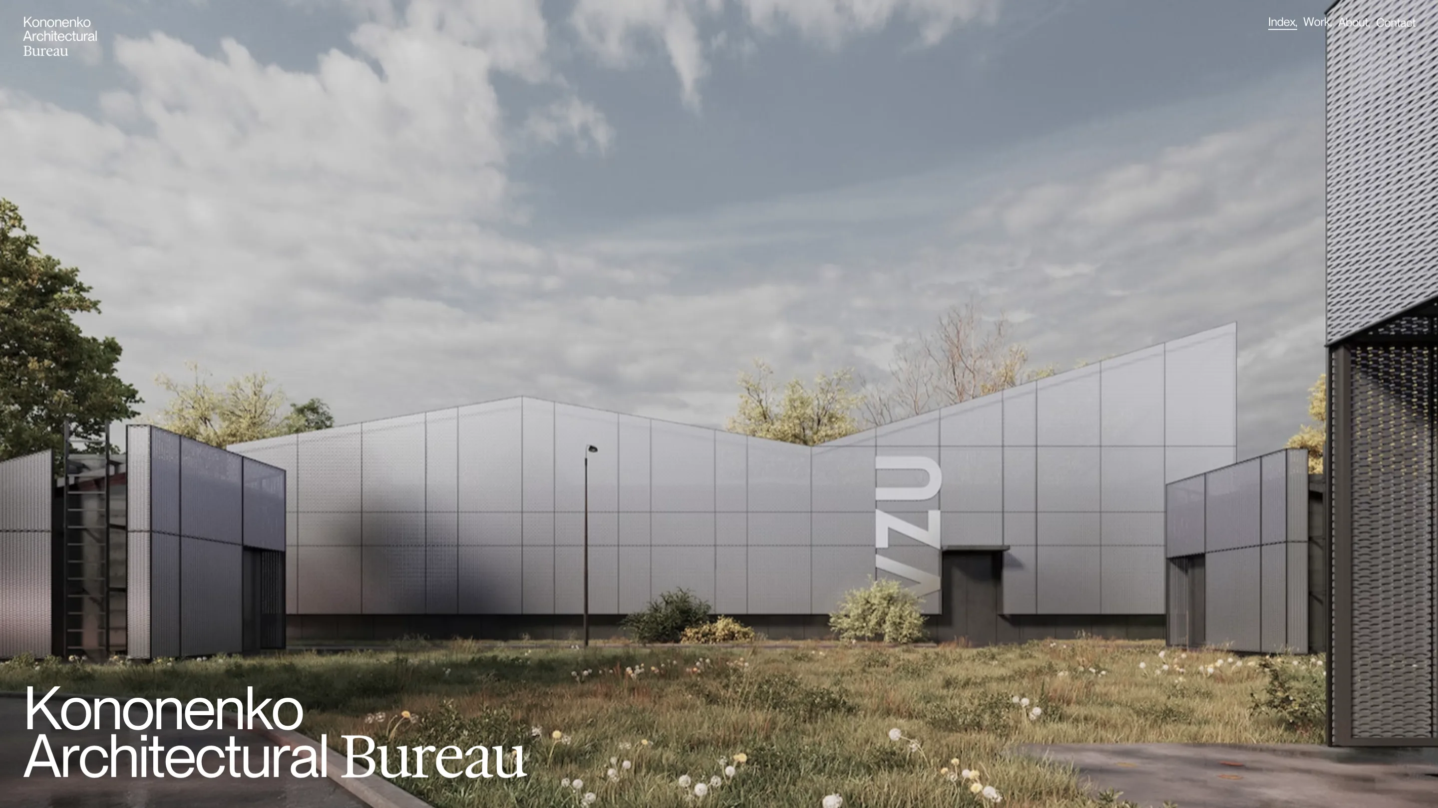 The Kononenko Architectural Bureau homepage: a full-bleed render of a grey perforated-metal facade, with the studio name set bottom left, the word Bureau in serif
