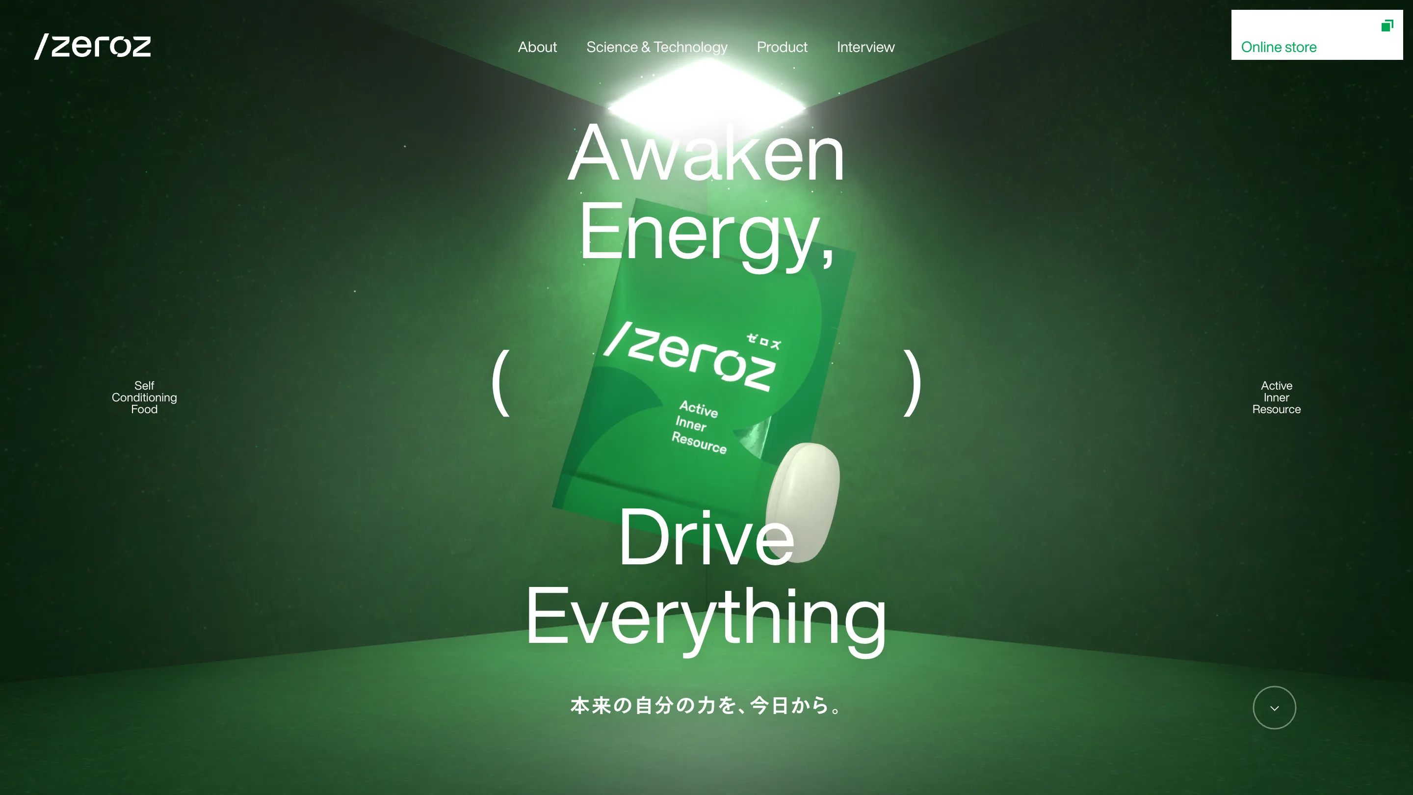 The /zeroz home page: a green pouch and a white tablet floating in a dark green room lit from above, with the words Awaken Energy, Drive Everything set around them