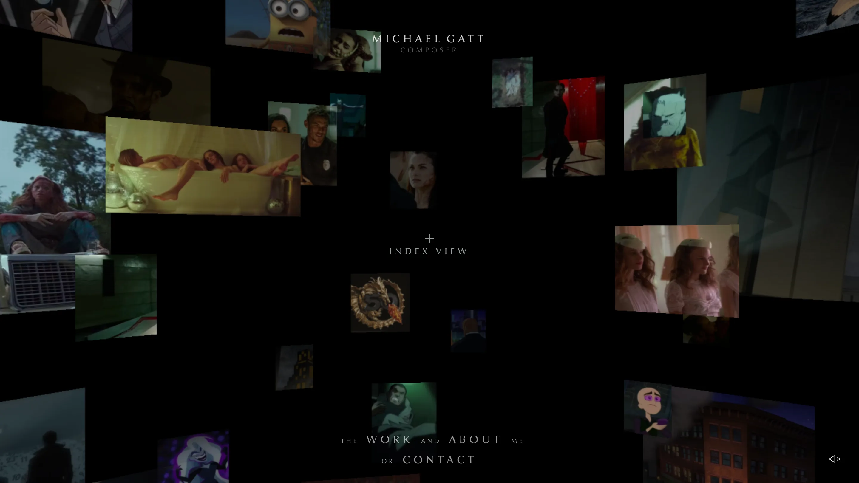 The michaelgatt.com home screen: dozens of film and animation stills floating at different depths in a black WebGL space, with the name Michael Gatt centred in tracked caps