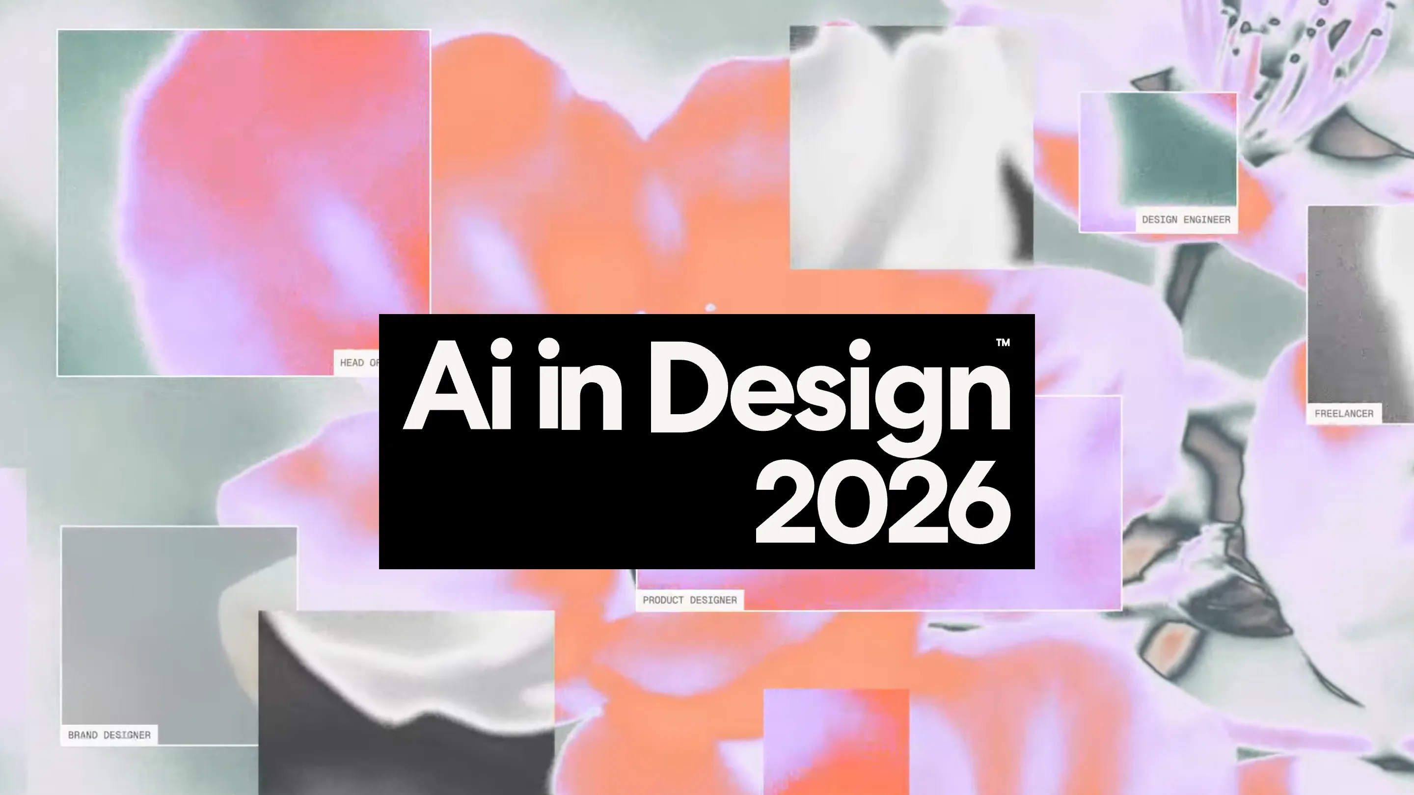 The AI in Design 2026 homepage, with the wordmark in a black box over a grid of solarized flower thumbnails captioned with job titles in monospace