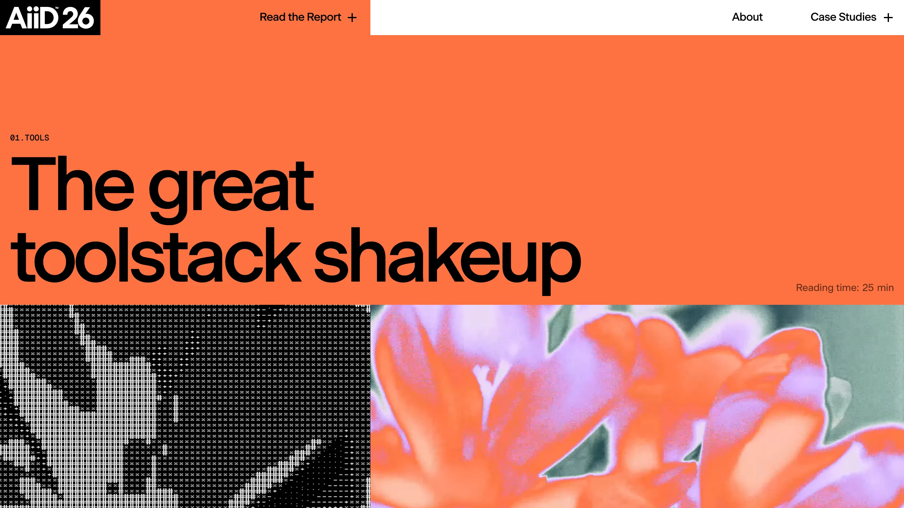 The Tools chapter of the AI in Design Report 2026, a flat orange field with the mono label 01.TOOLS and the headline The great toolstack shakeup