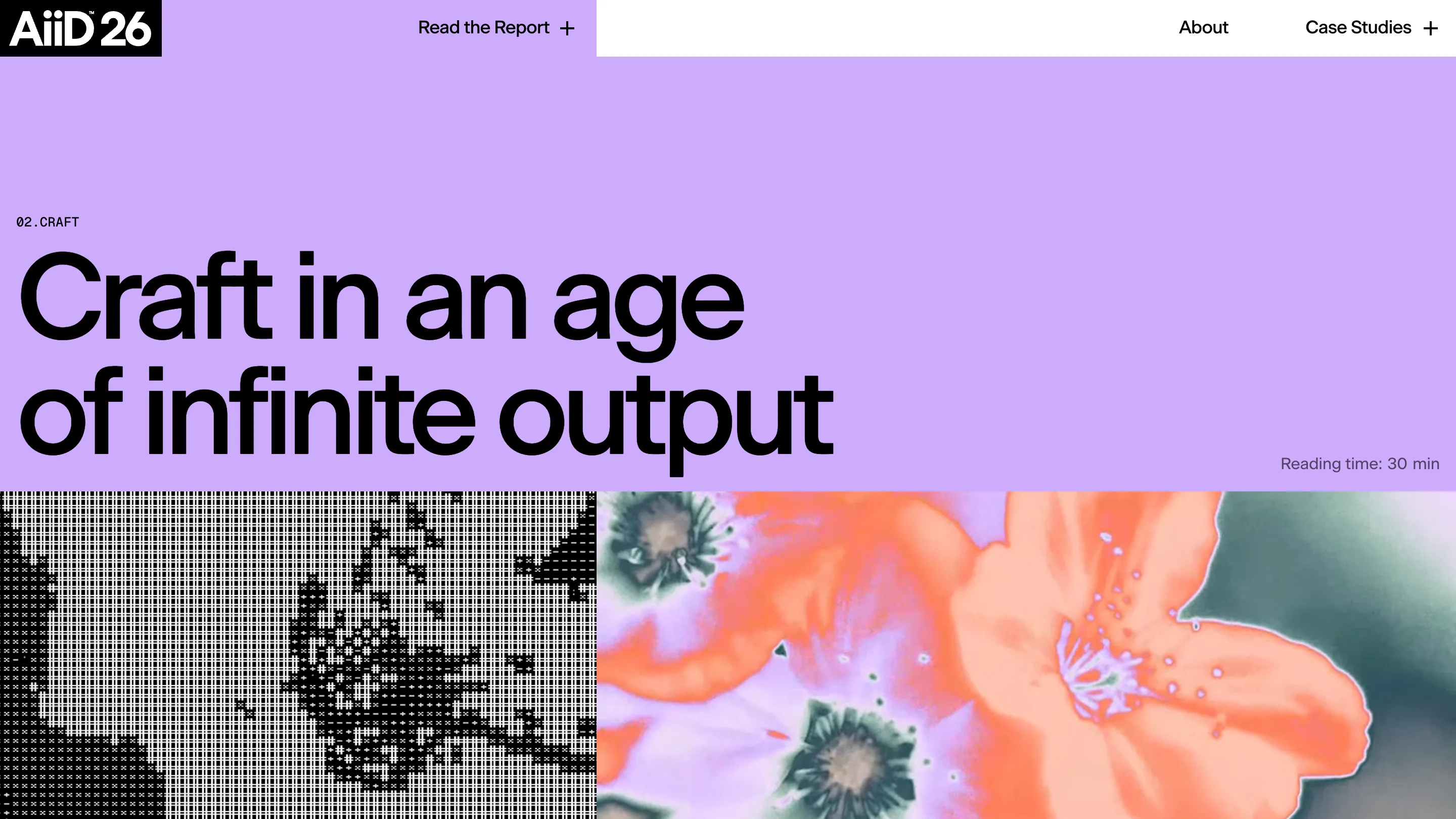 The Craft chapter header on a lilac field, with a dithered black and white panel beside a solarized macro photograph of flowers