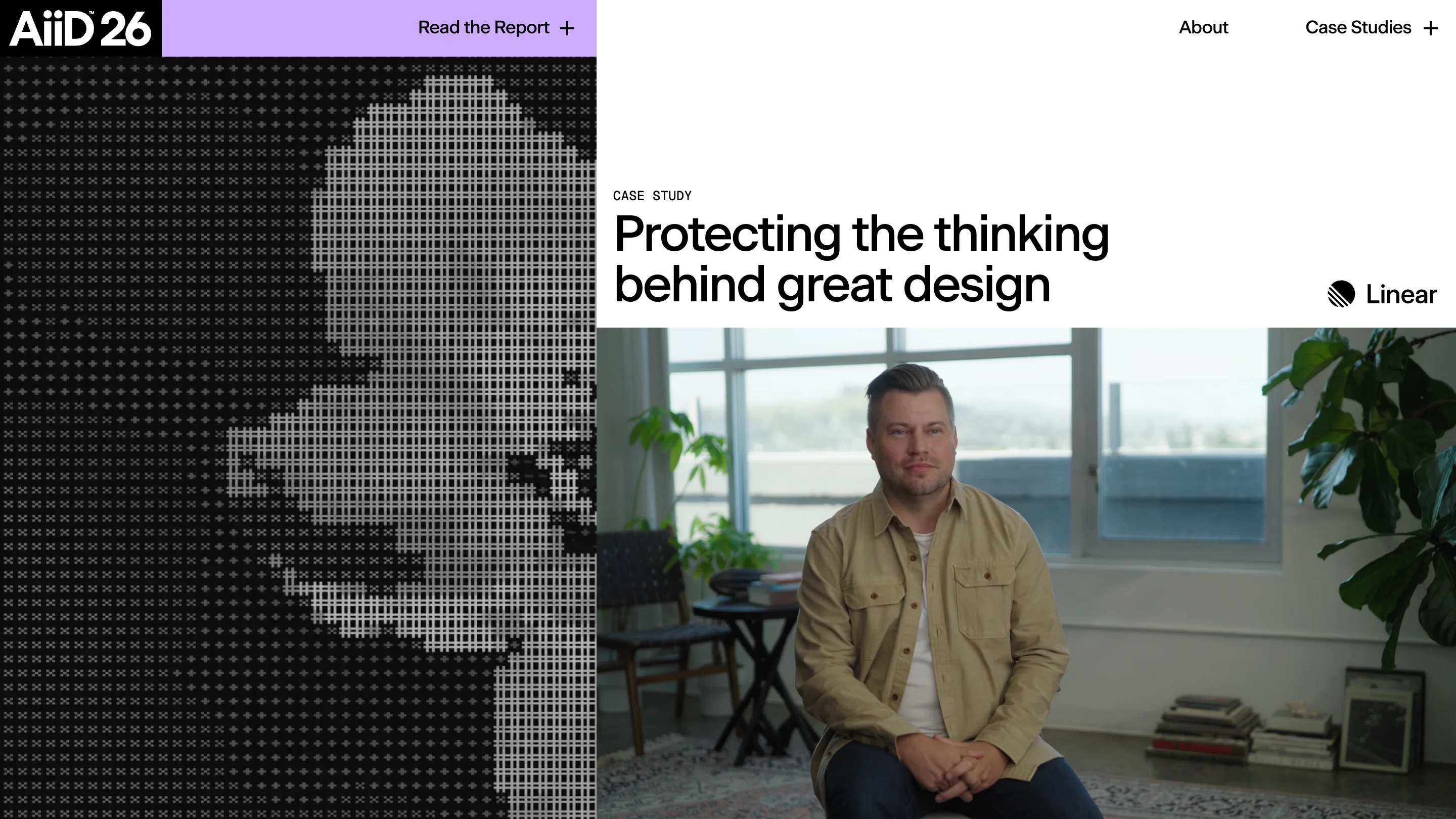 The Linear case study page, with the headline Protecting the thinking behind great design on white and a dithered portrait panel on the left