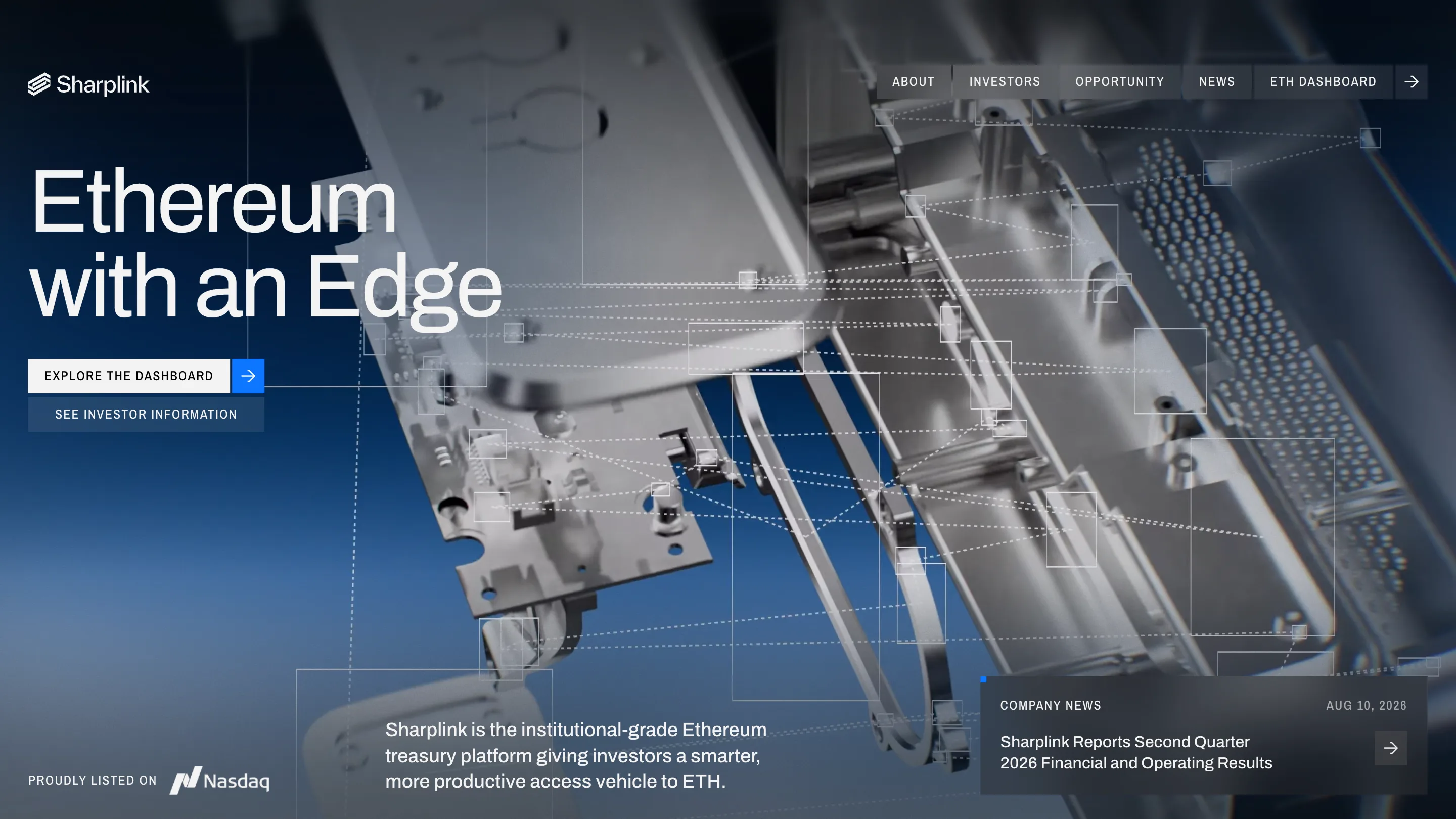 The Sharplink homepage: the headline Ethereum with an Edge in white over a 3D render of a circuit board assembly line in brushed steel, with thin white inspection boxes overlaid