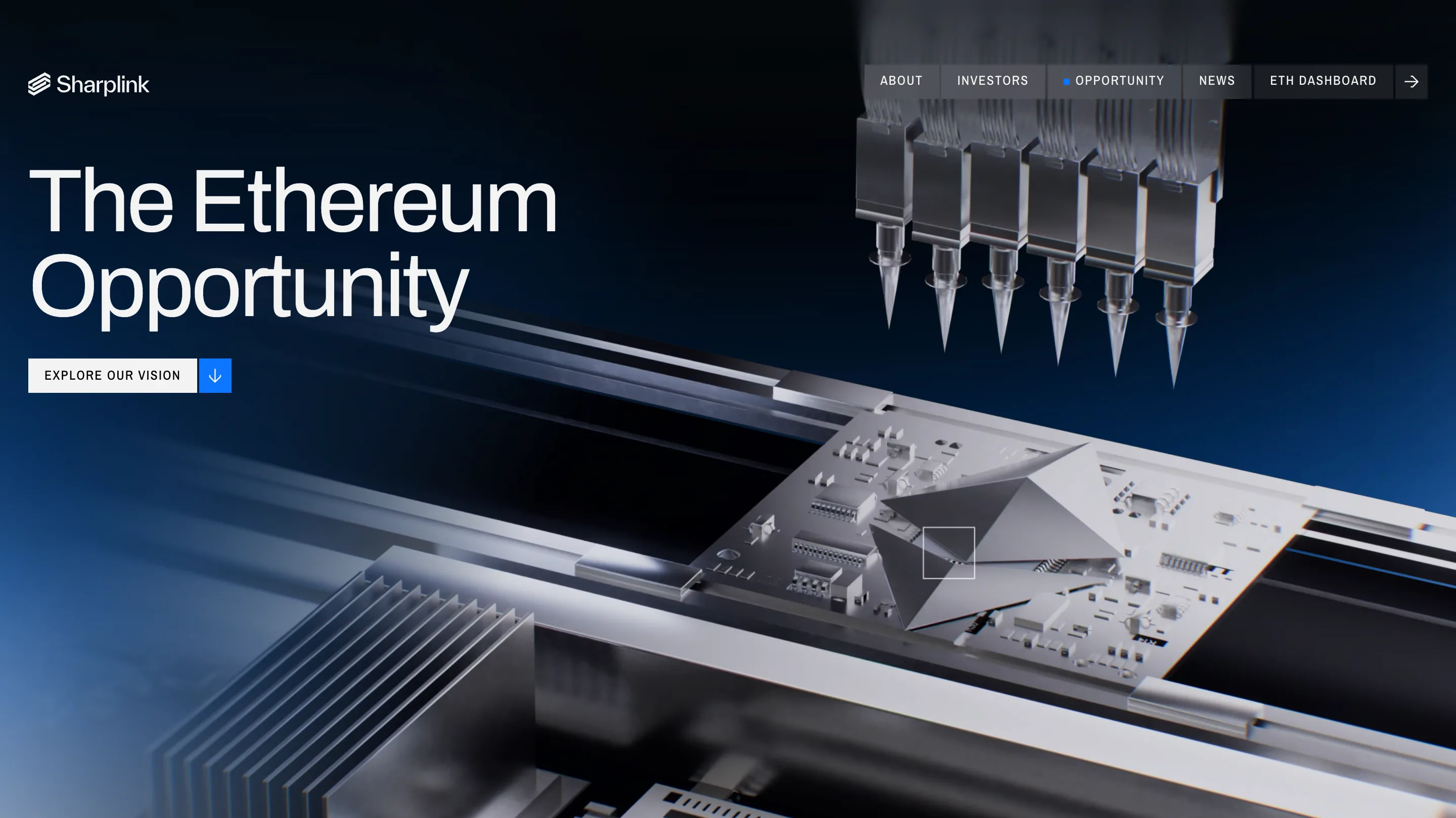 The Ethereum Opportunity page: a pick-and-place head with six nozzles above a circuit board with the Ethereum octahedron milled into it