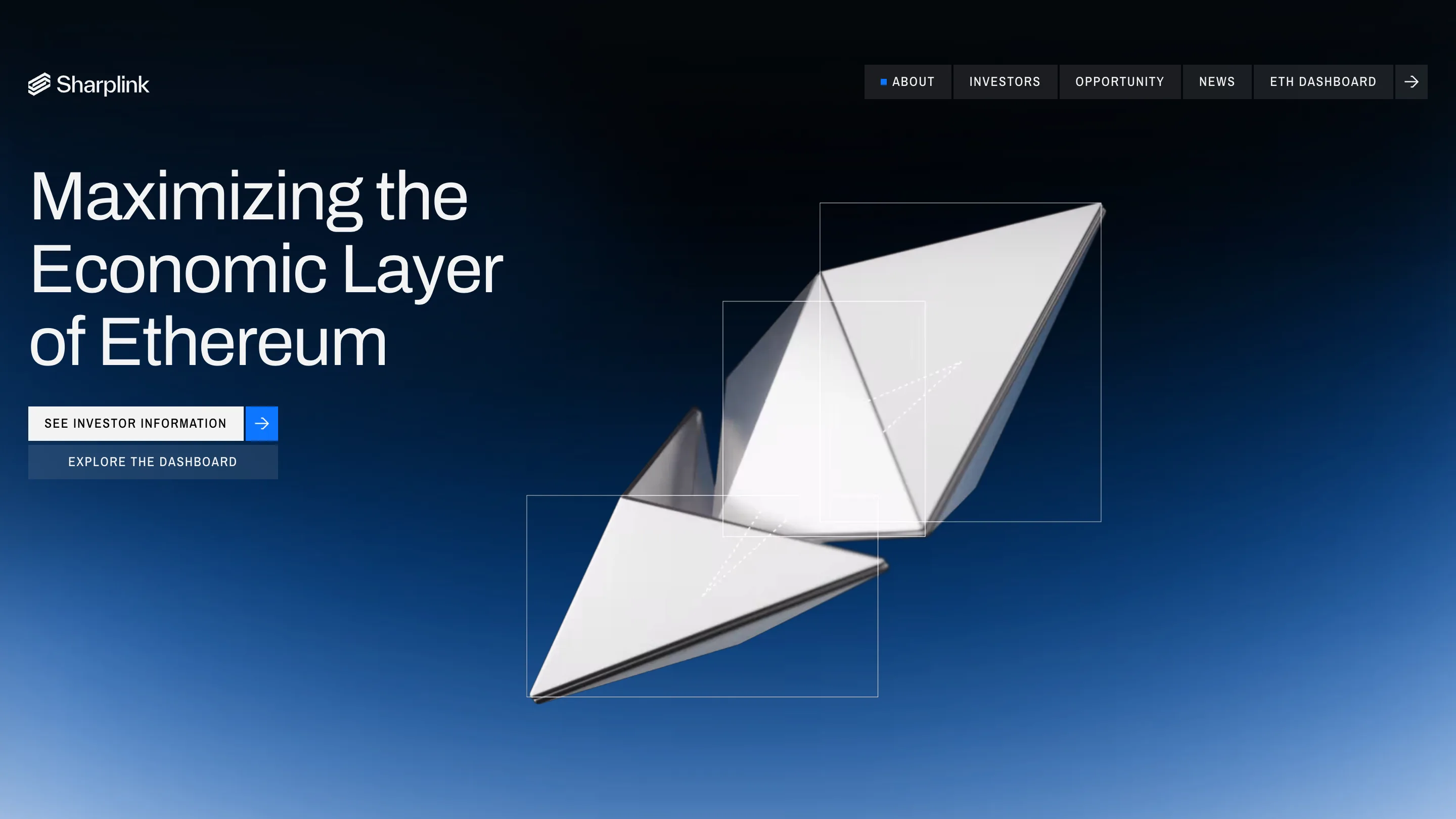 The About page: the Ethereum diamond split into two matte white halves, framed by thin white rectangles on a navy gradient