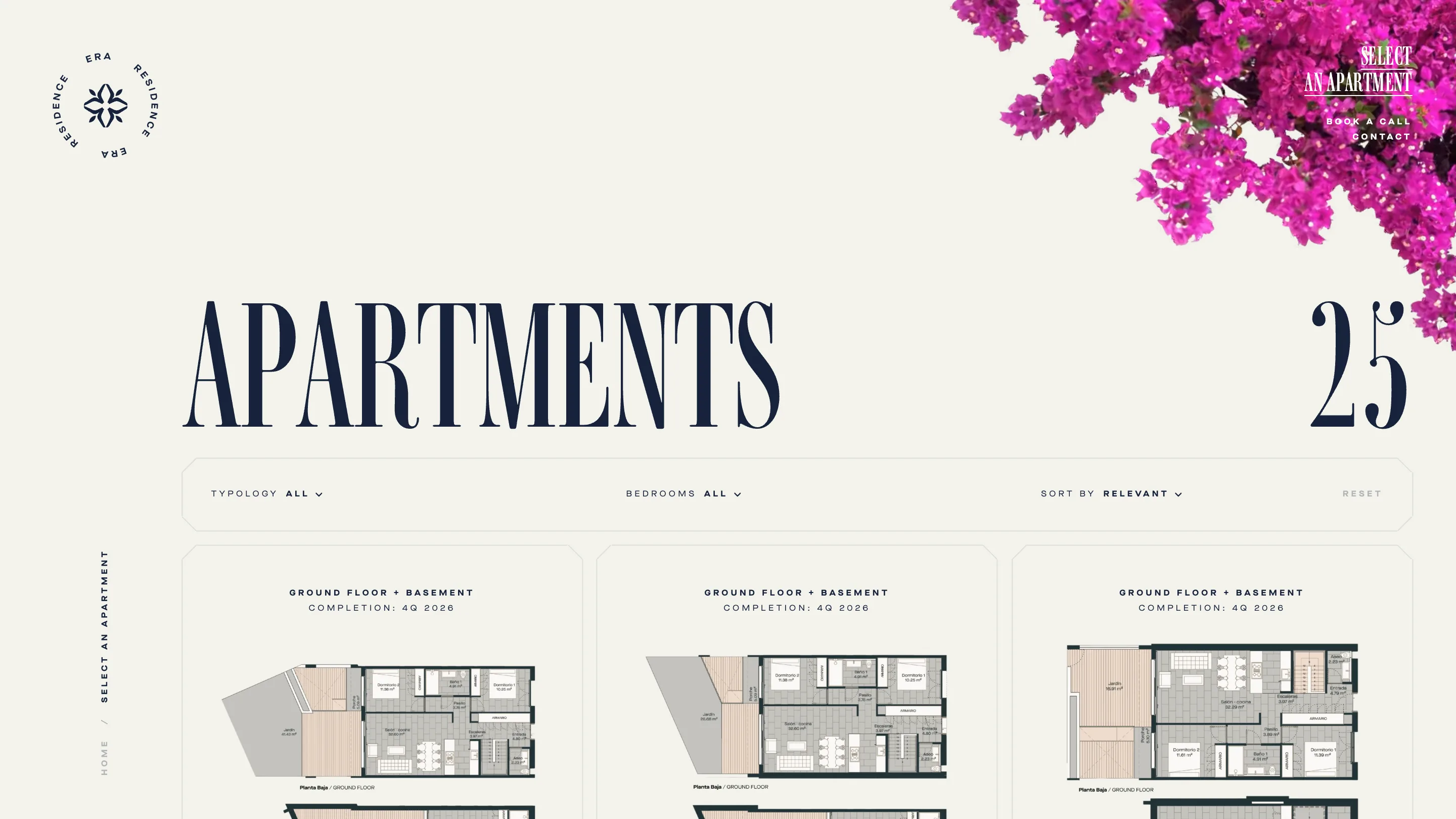 The apartments index, with APARTMENTS set huge in navy didone, the number 25 at the right, a filter bar, and cards showing floor plan drawings
