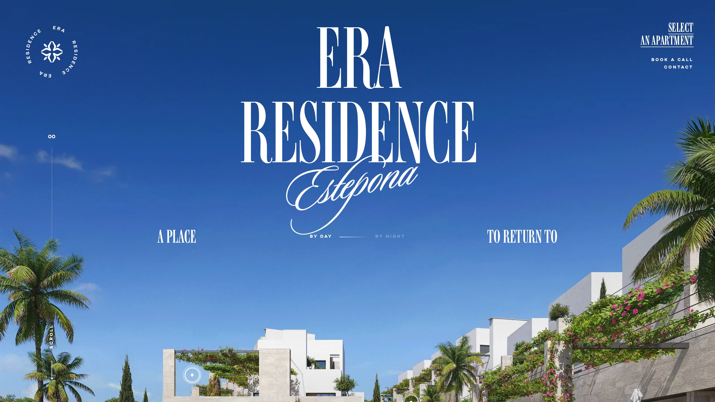 The ERA Residence homepage: a condensed didone wordmark with the word Estepona in script across it, over a daylight photograph of white Mediterranean terraces and palms, with a BY DAY and BY NIGHT slider beneath
