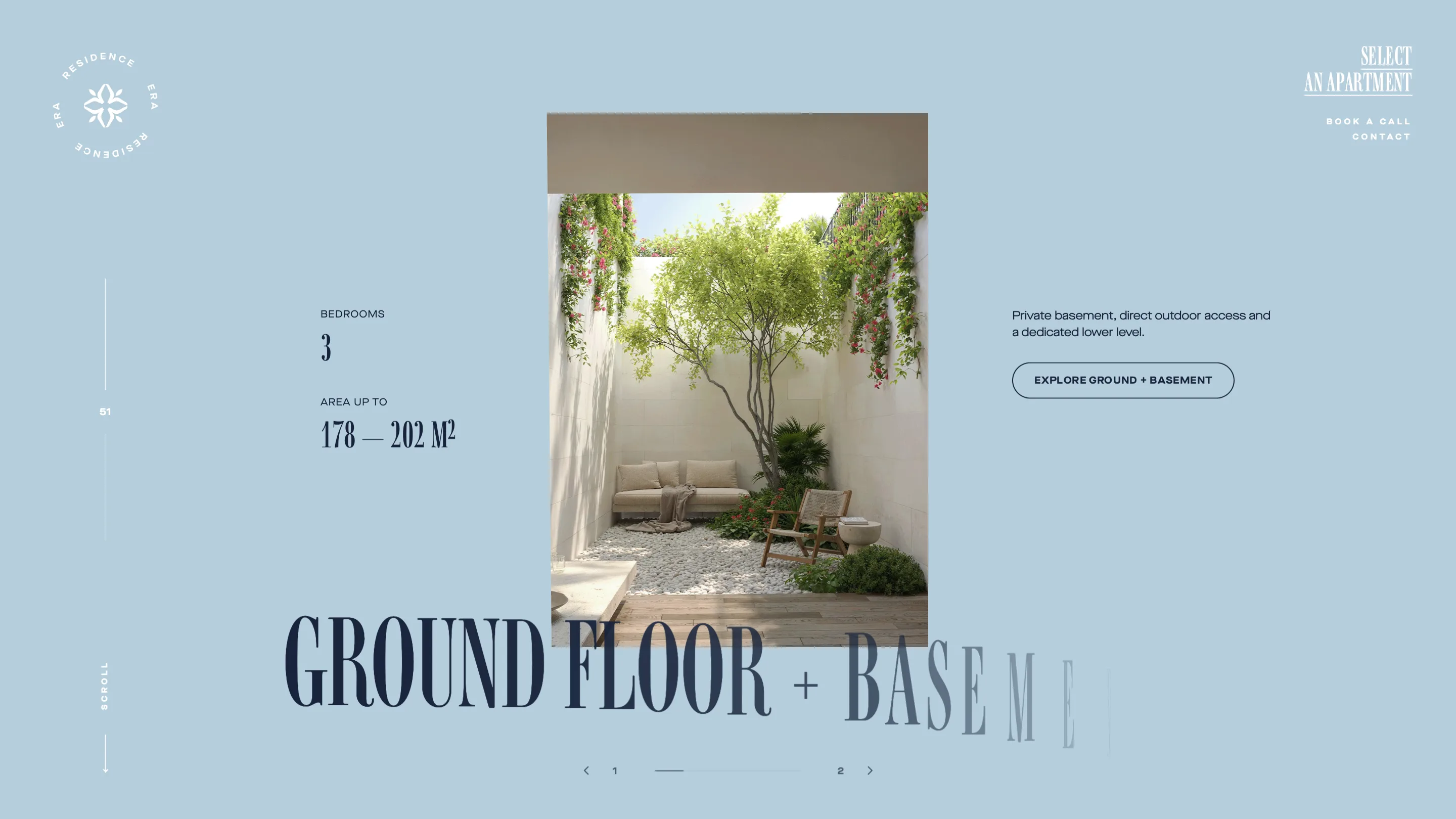The typology section on a pale ice blue field, with GROUND FLOOR + BASEMENT set oversized in two tones of navy behind a portrait photograph of a planted courtyard