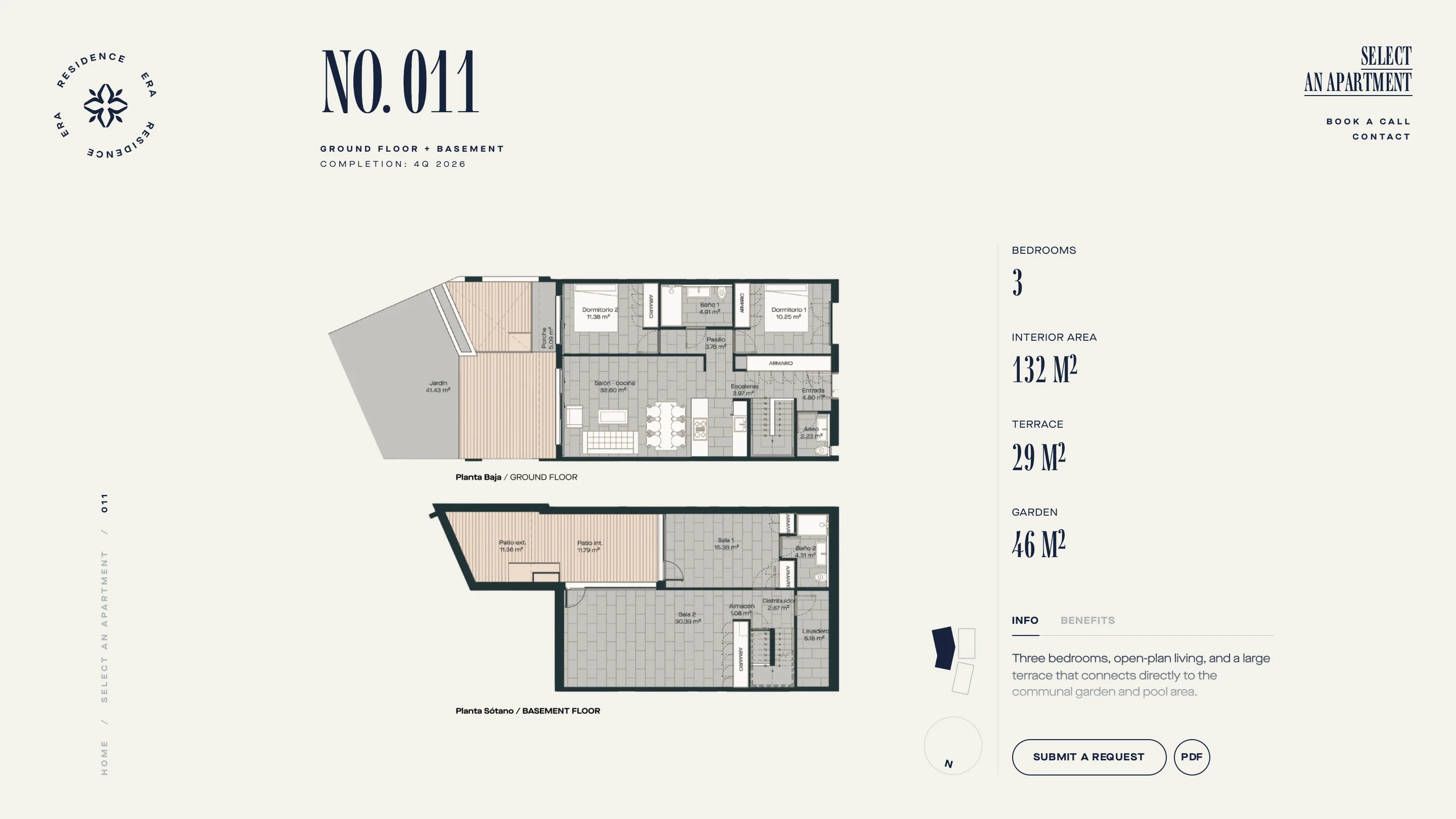 The unit page for NO. 011, with ground and basement floor plans at full size on the left and a specification column on the right reading 3 bedrooms, 132 square metres interior, 29 terrace, 46 garden