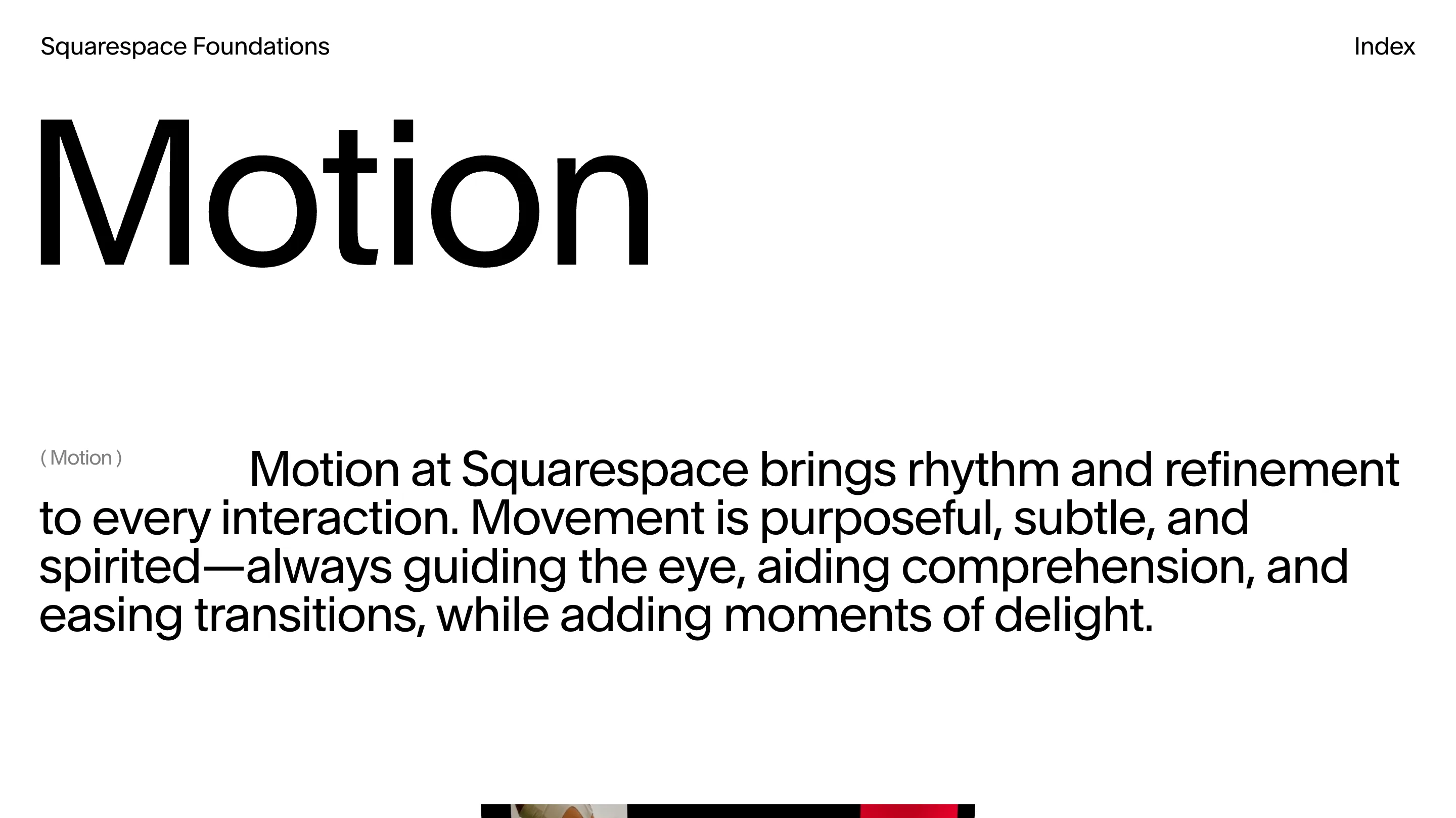 The Motion page, with the word Motion set large in black on white and a red video band at the fold
