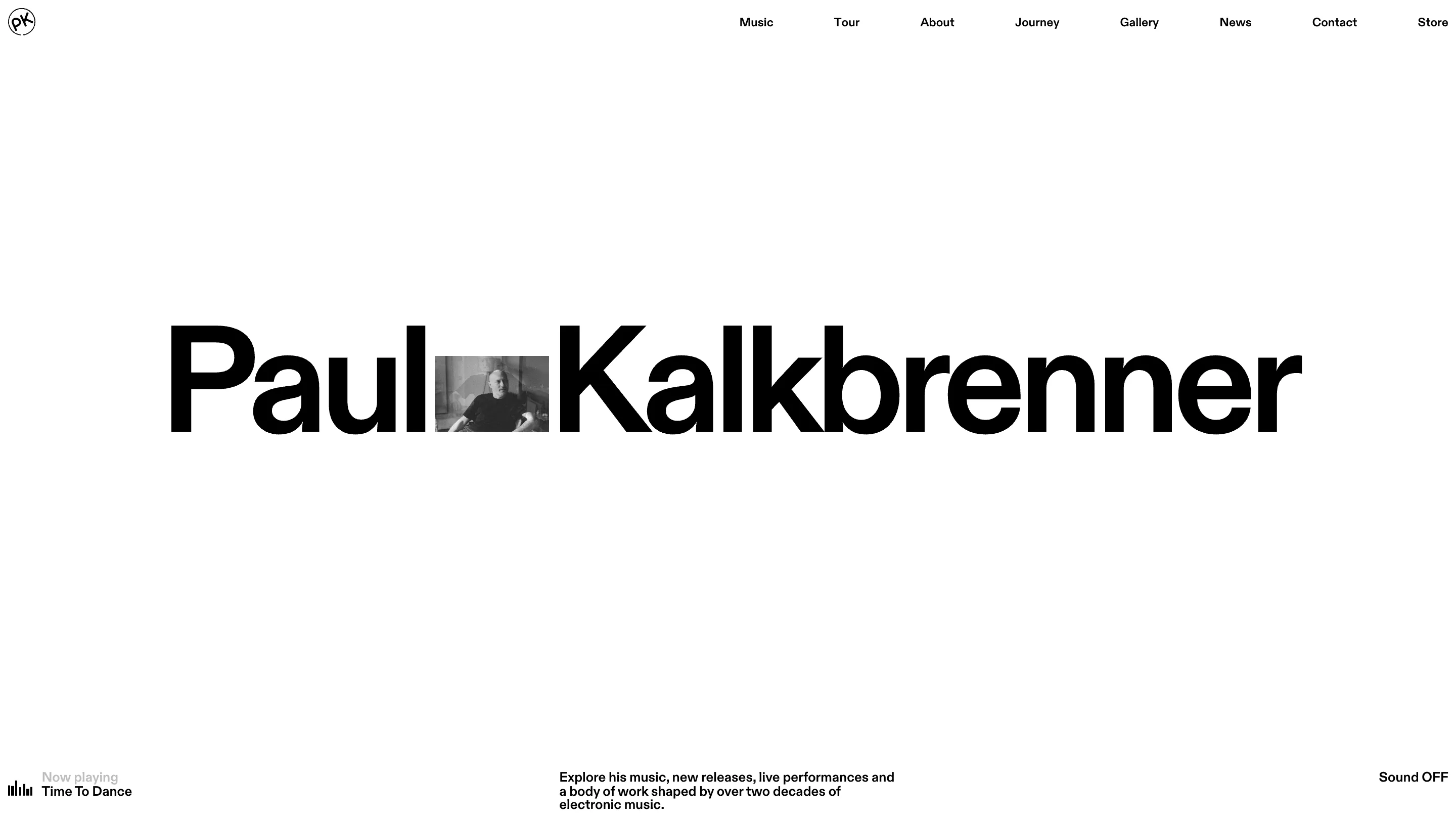 Paul Kalkbrenner homepage: his name in huge black grotesk across a white screen, with a small black and white video of him in the gap between the two words