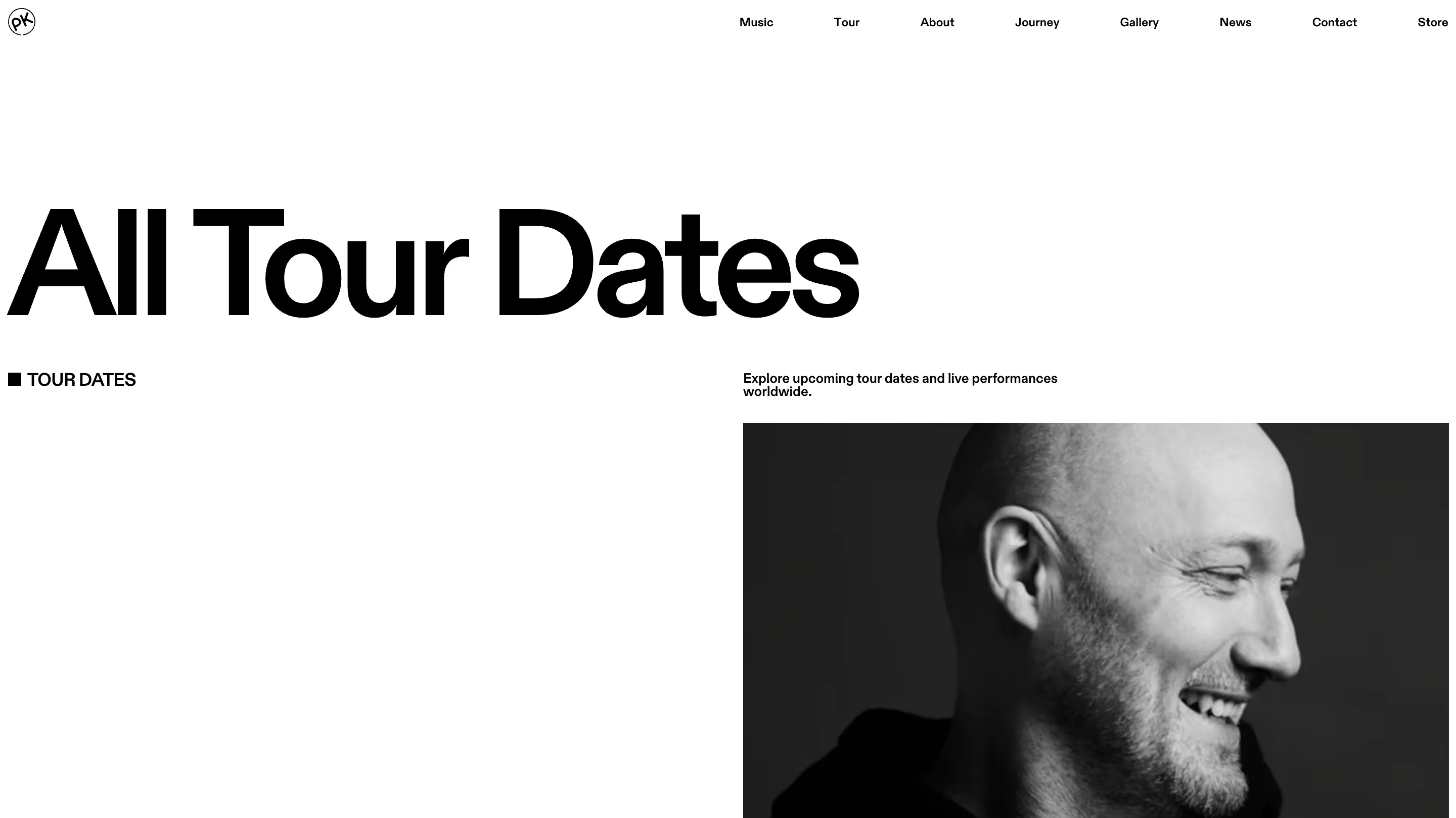 The tour page: All Tour Dates in oversized grotesk with a cropped black and white portrait filling the right half of the screen