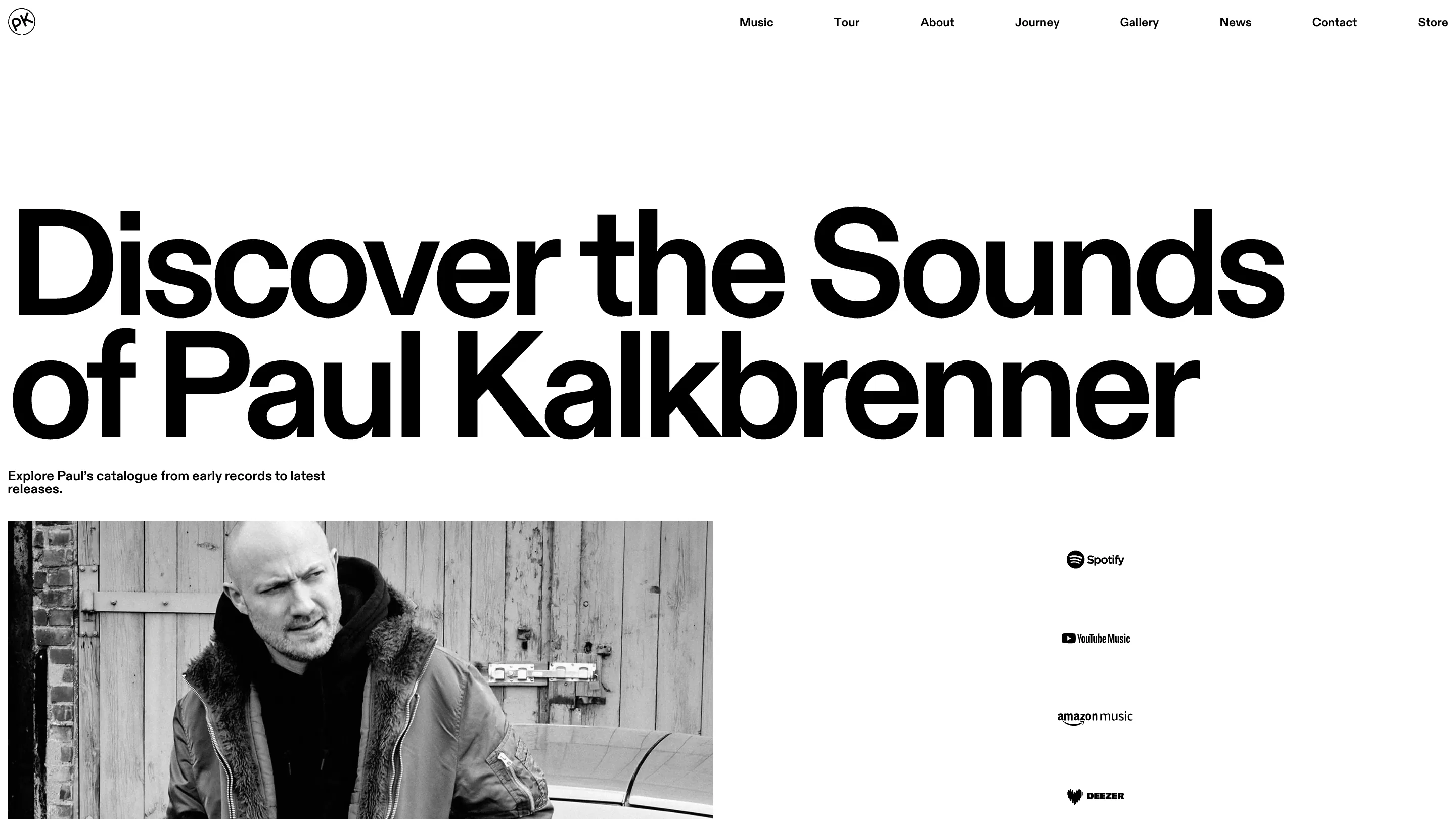The music page: Discover the Sounds of Paul Kalkbrenner in oversized grotesk, a black and white portrait, and a column of streaming service marks
