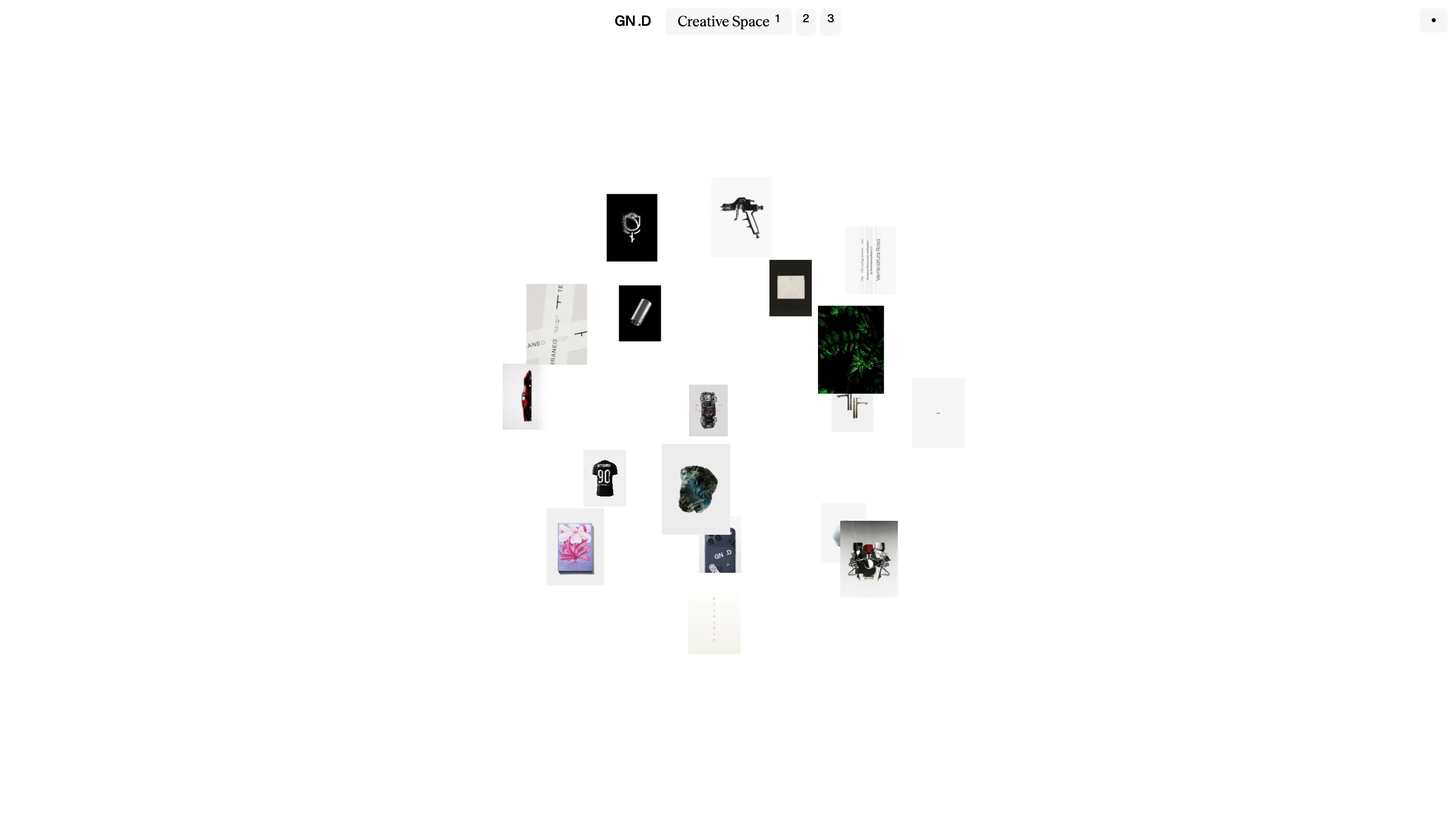 The gionatannese.com homepage: about twenty small work thumbnails scattered at different sizes across a white screen, under a centred three-tab navigation