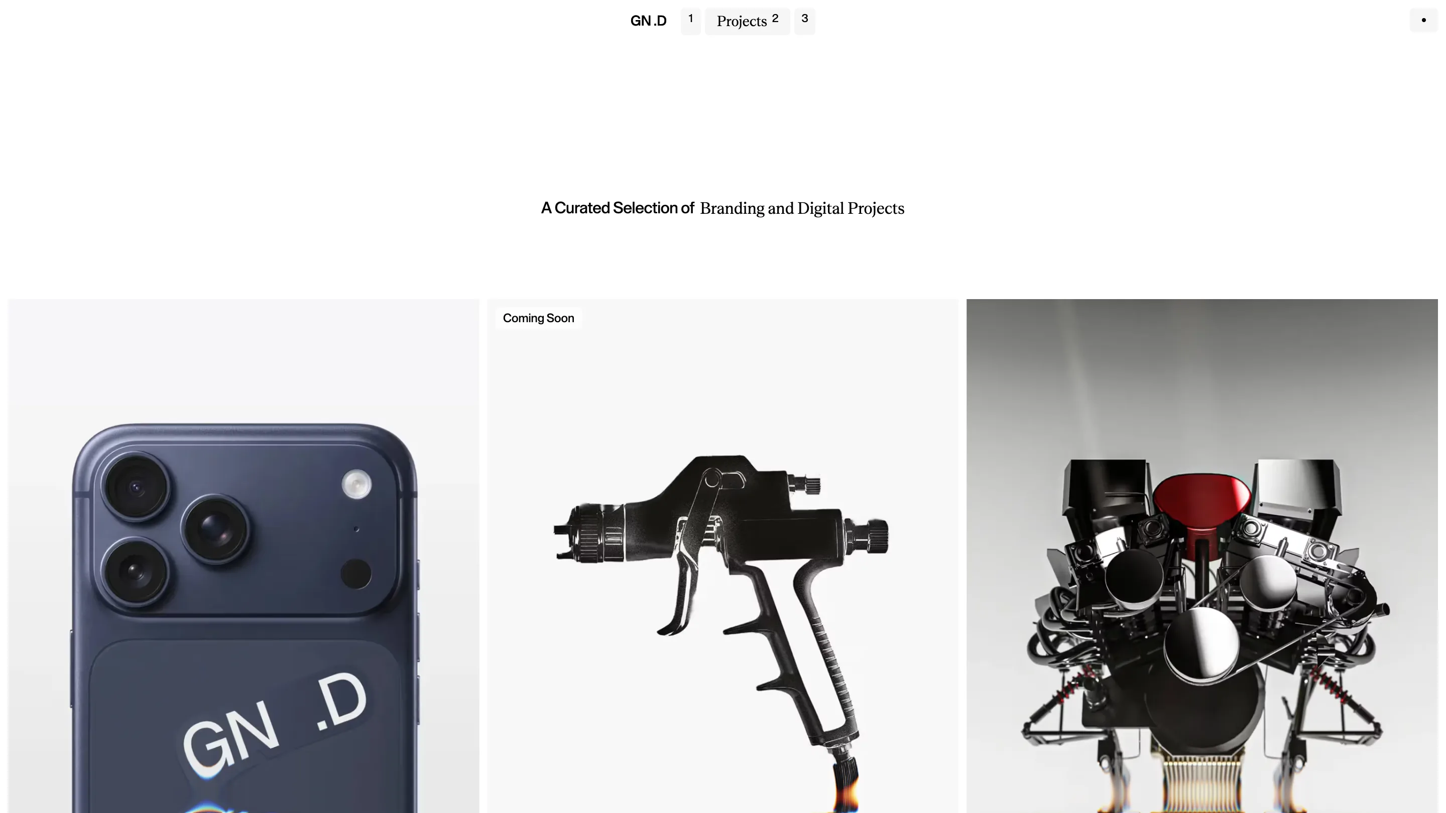 The Projects page of gionatannese.com, with the headline set half in a grotesk and half in a serif above three full-bleed product renders