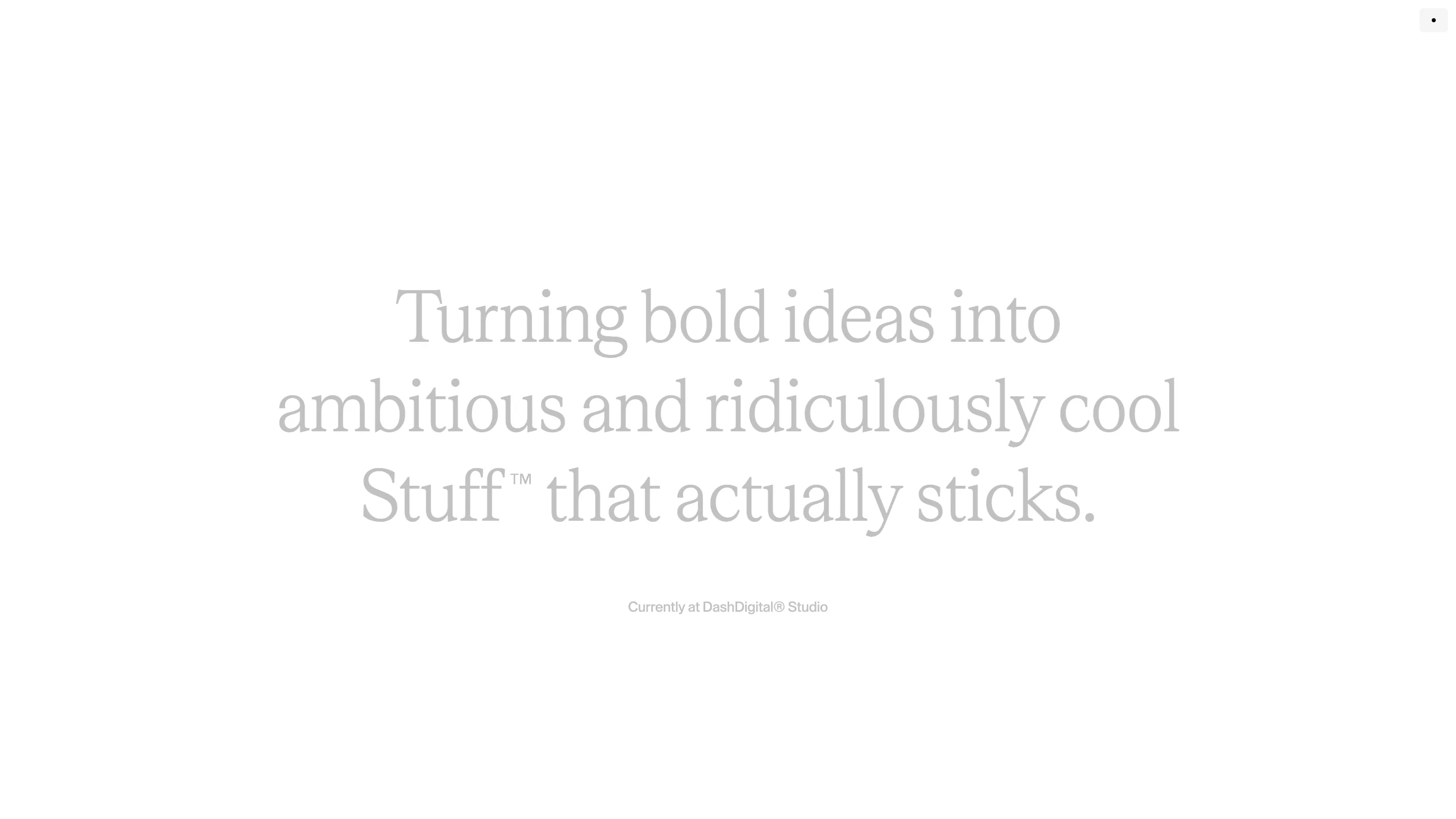 The about page, one large serif sentence set in light grey on white