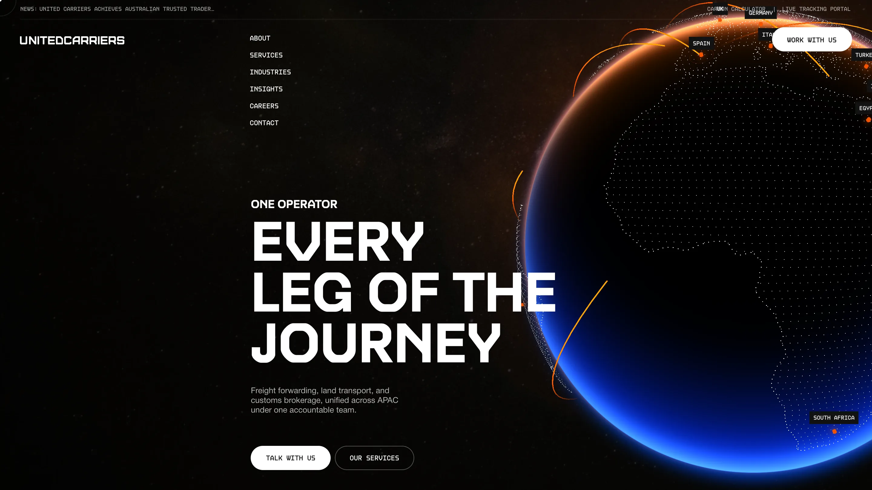 United Carriers homepage: a dark dotted 3D globe with orange freight arcs and country labels, beside the headline EVERY LEG OF THE JOURNEY.