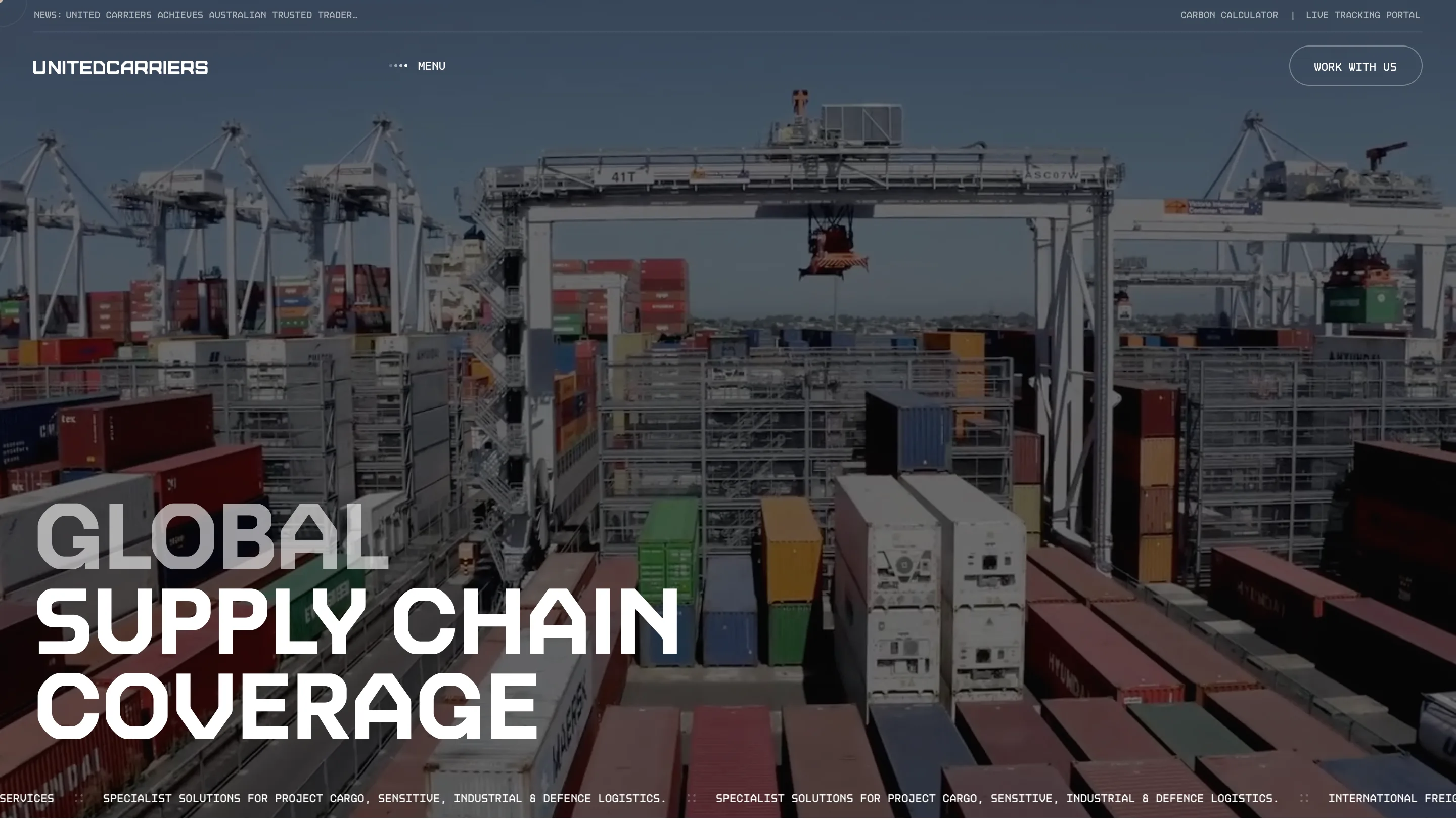 United Carriers services page with aerial video of container cranes and the headline Global Supply Chain Coverage