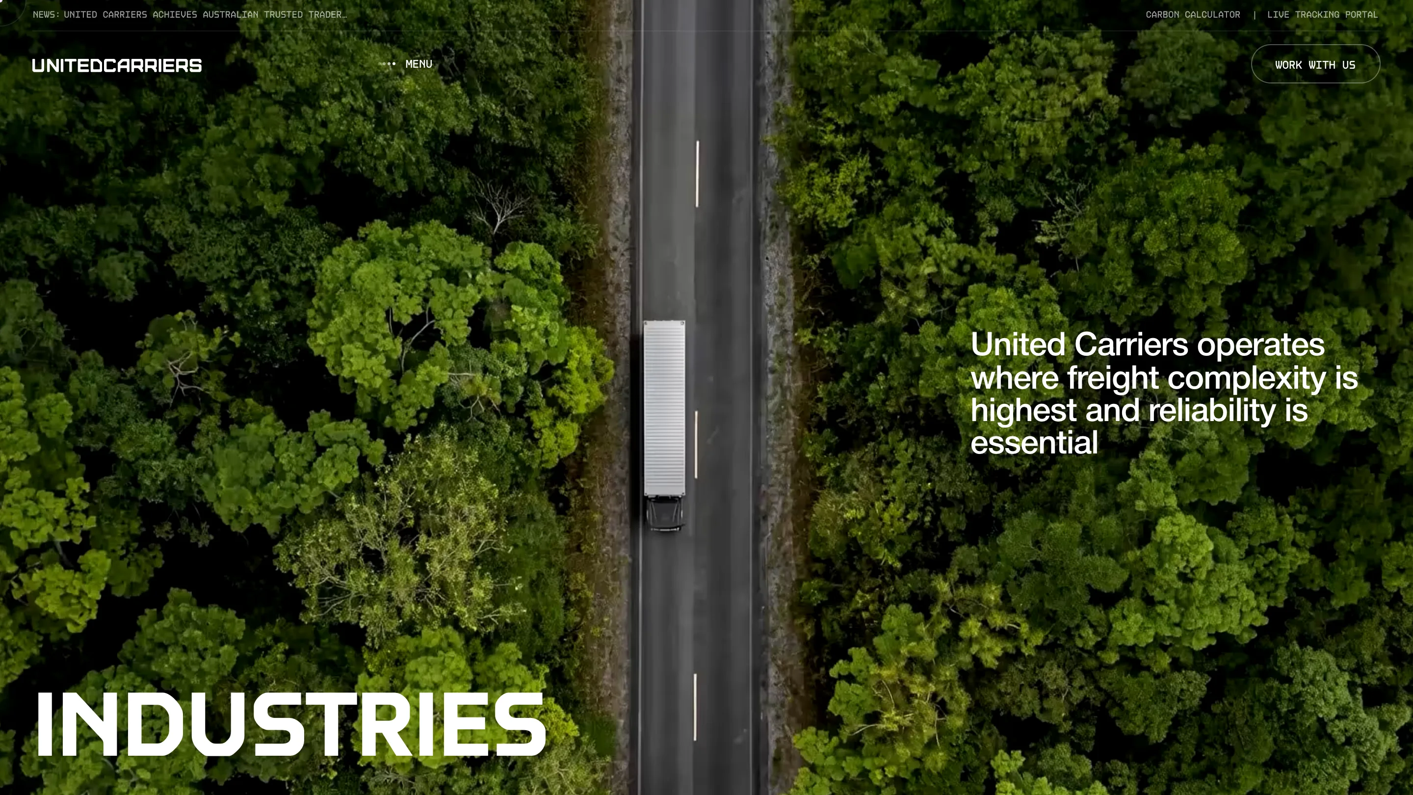 United Carriers industries page, a top-down shot of a single trailer on a road cut through forest