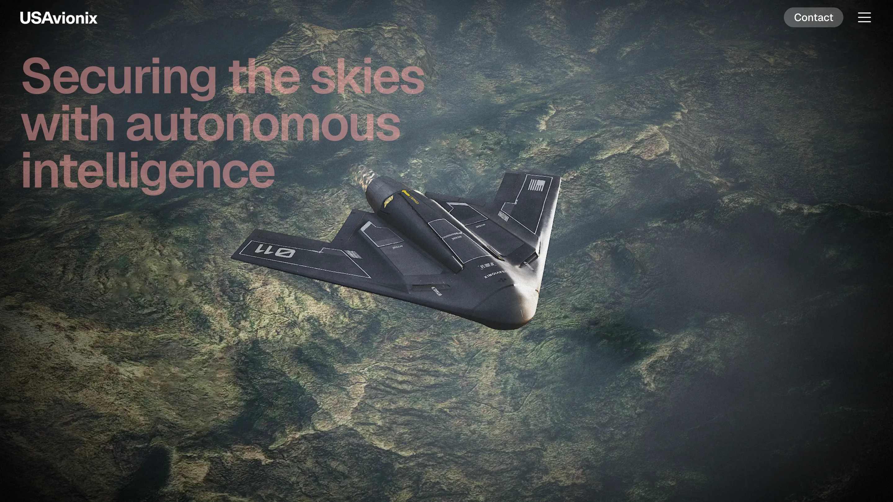 The USAvionix homepage: a black autonomous jet drone banking over green mountains under the headline Securing the skies with autonomous intelligence.