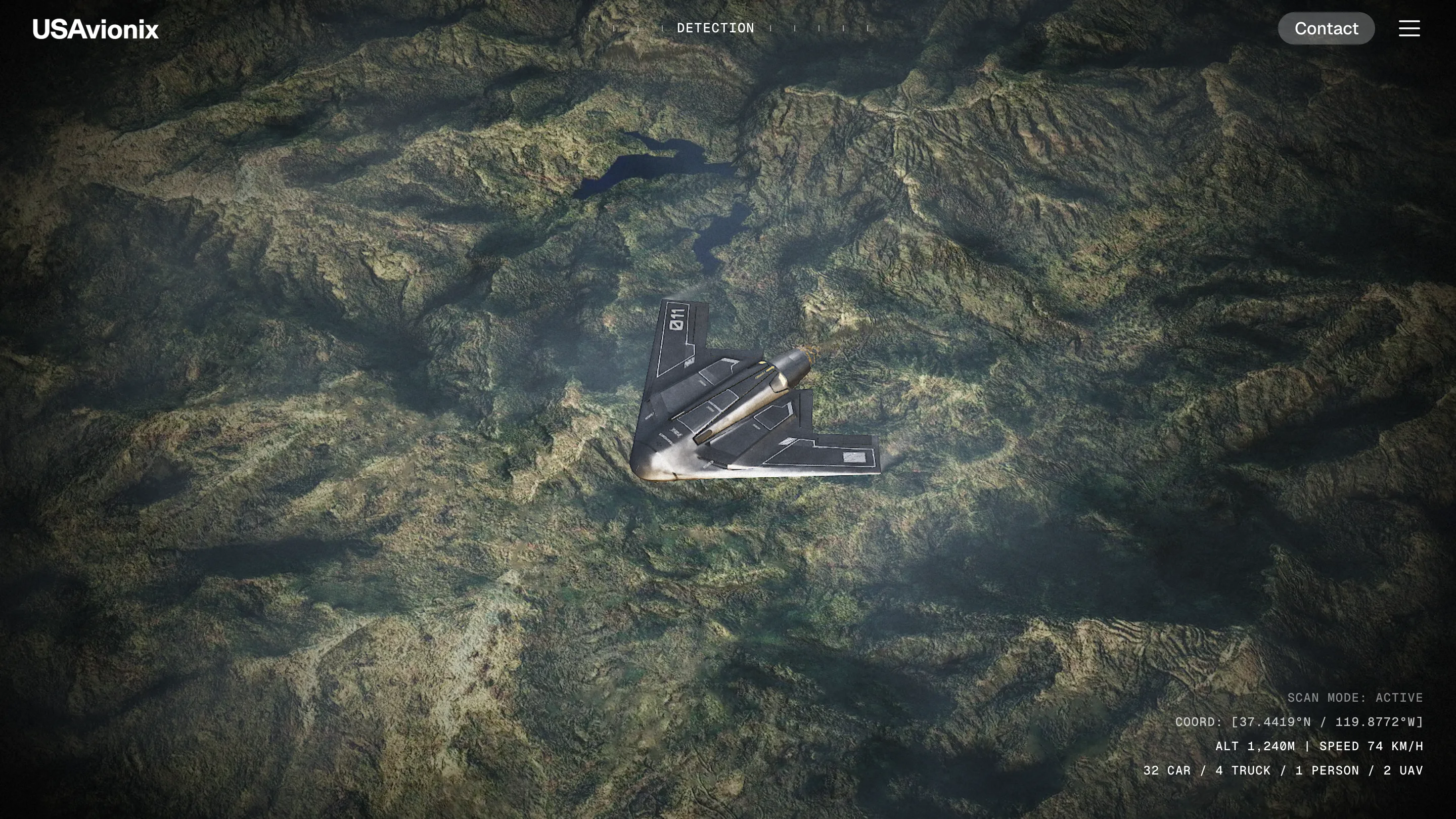 Detection section: a drone over mountains with a monospaced telemetry readout in the corner