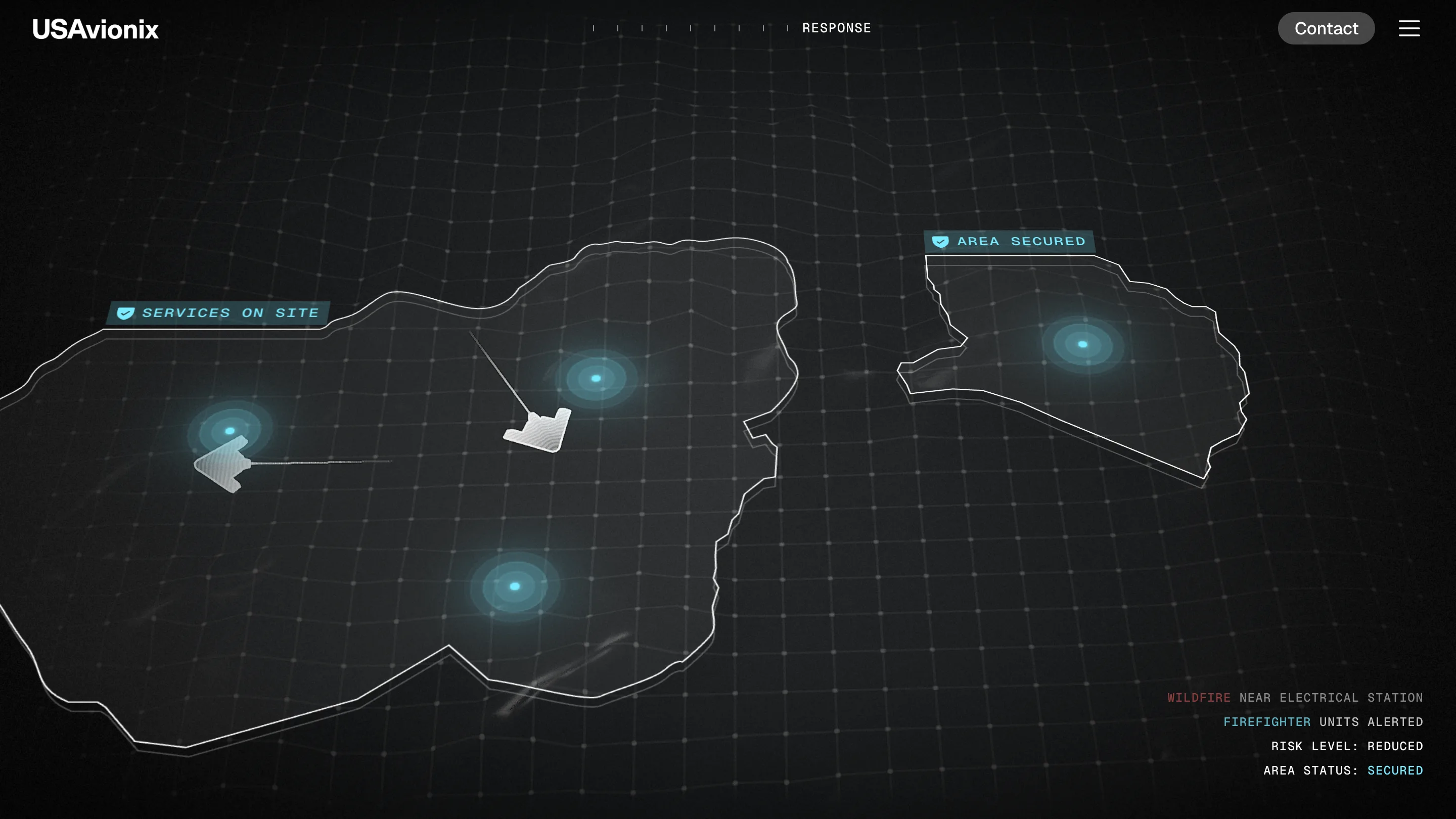 Response section: a wireframe map with cyan unit markers and a secured-area label