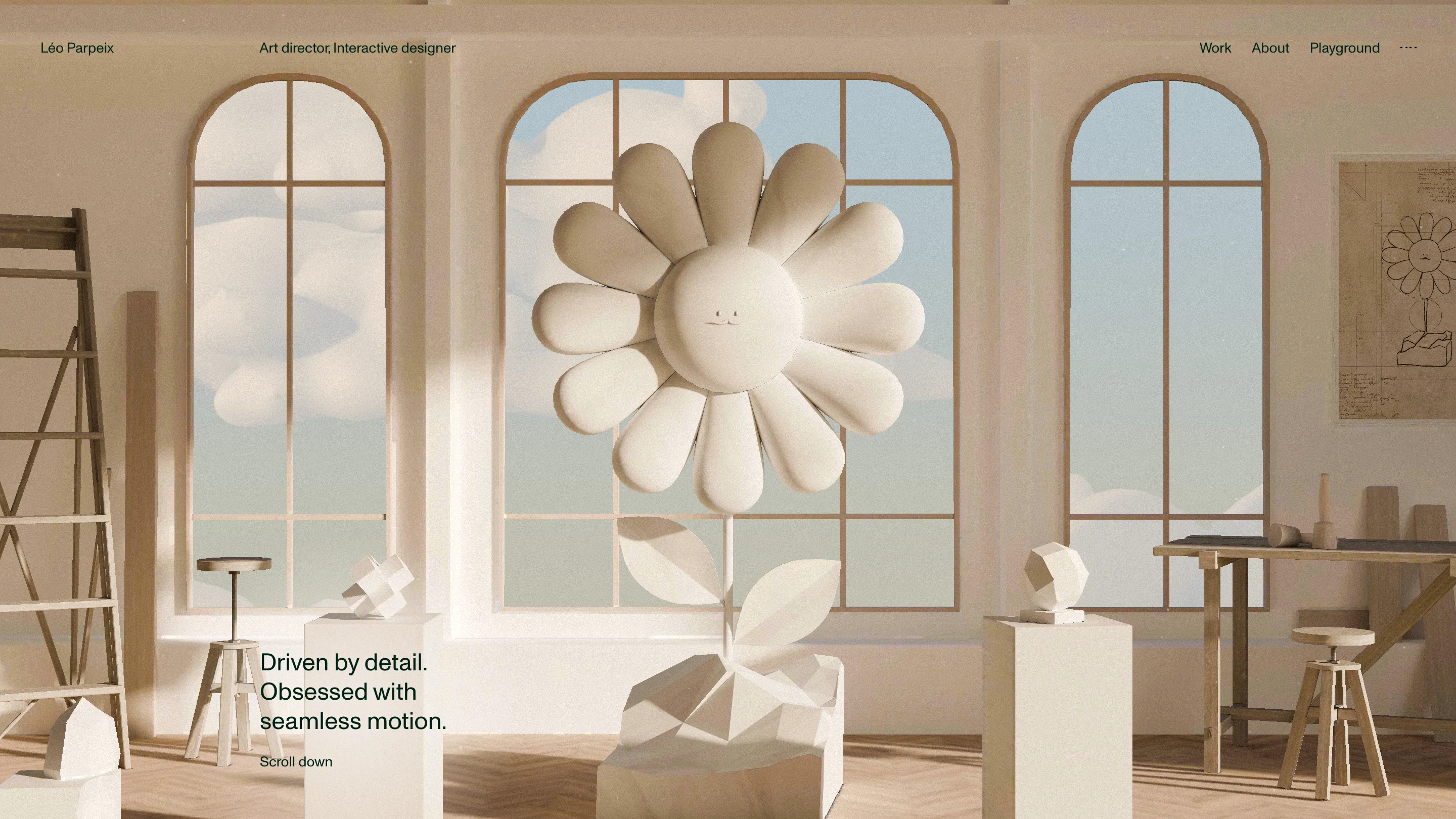 The homepage of Léo Parpeix's portfolio: a beige 3D sculptor's studio with arched windows and a giant clay daisy growing out of a pot in the middle of the floor