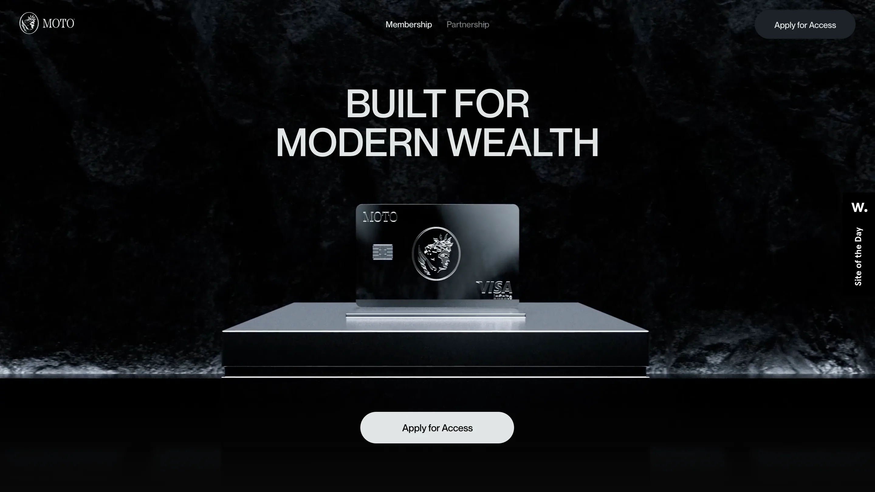 The moto-card.com hero: a black Visa Infinite card standing upright on a machined plinth against dark rock, headline BUILT FOR MODERN WEALTH above it