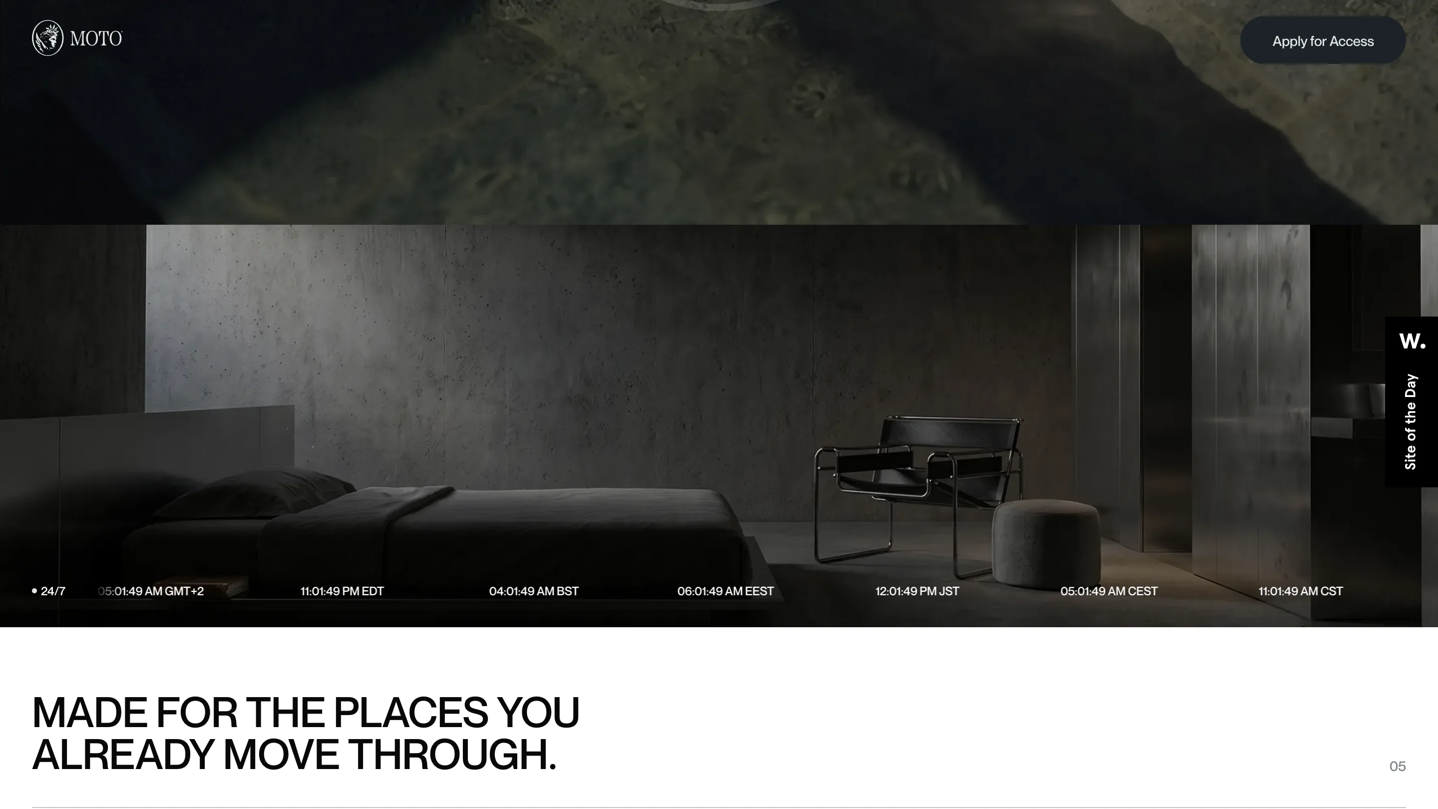 Dark hotel room on moto-card.com with a live world clock strip across the bottom of the frame