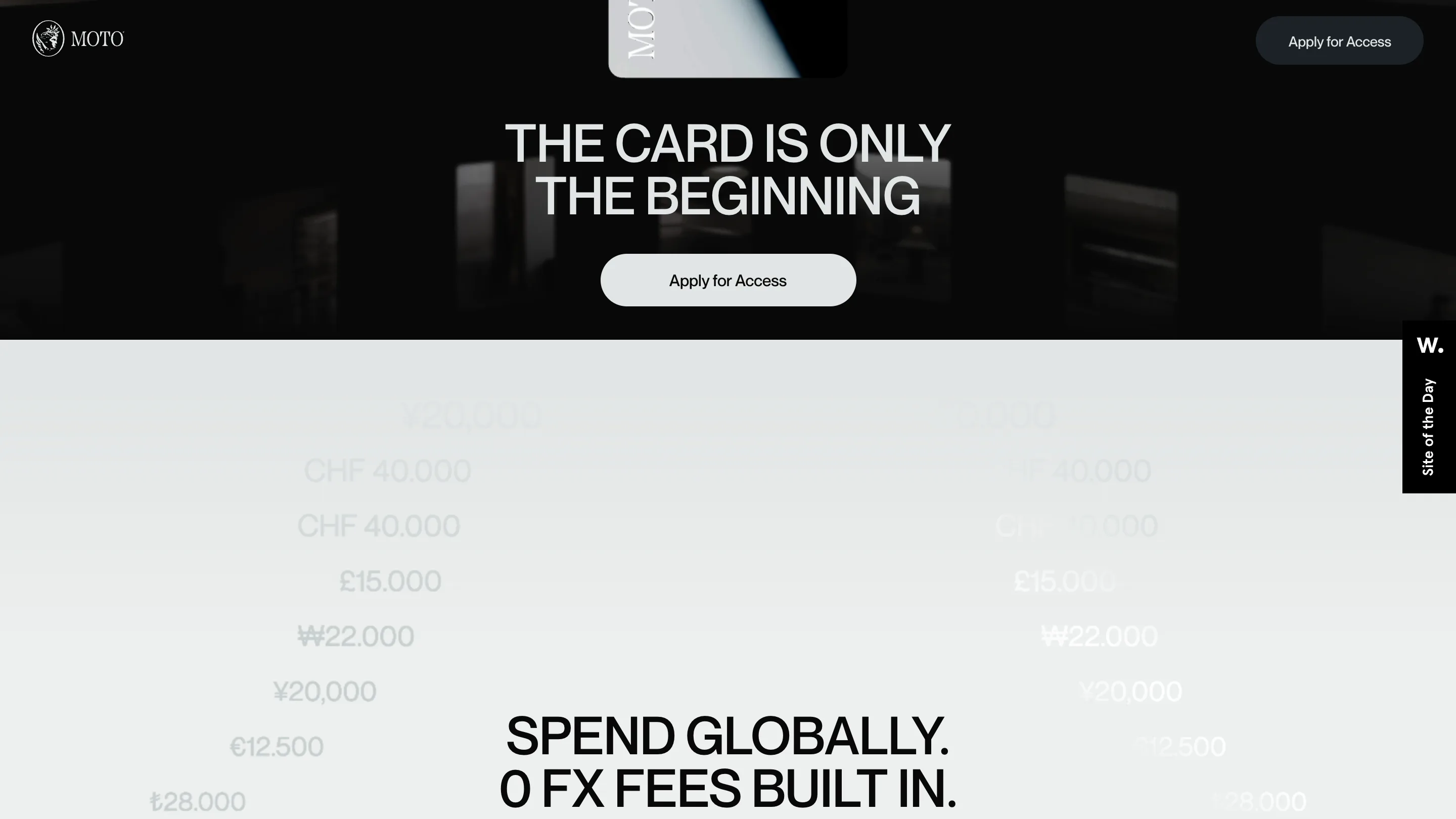 The currency wall on moto-card.com, black copy on near-white, reading SPEND GLOBALLY. 0 FX FEES BUILT IN.