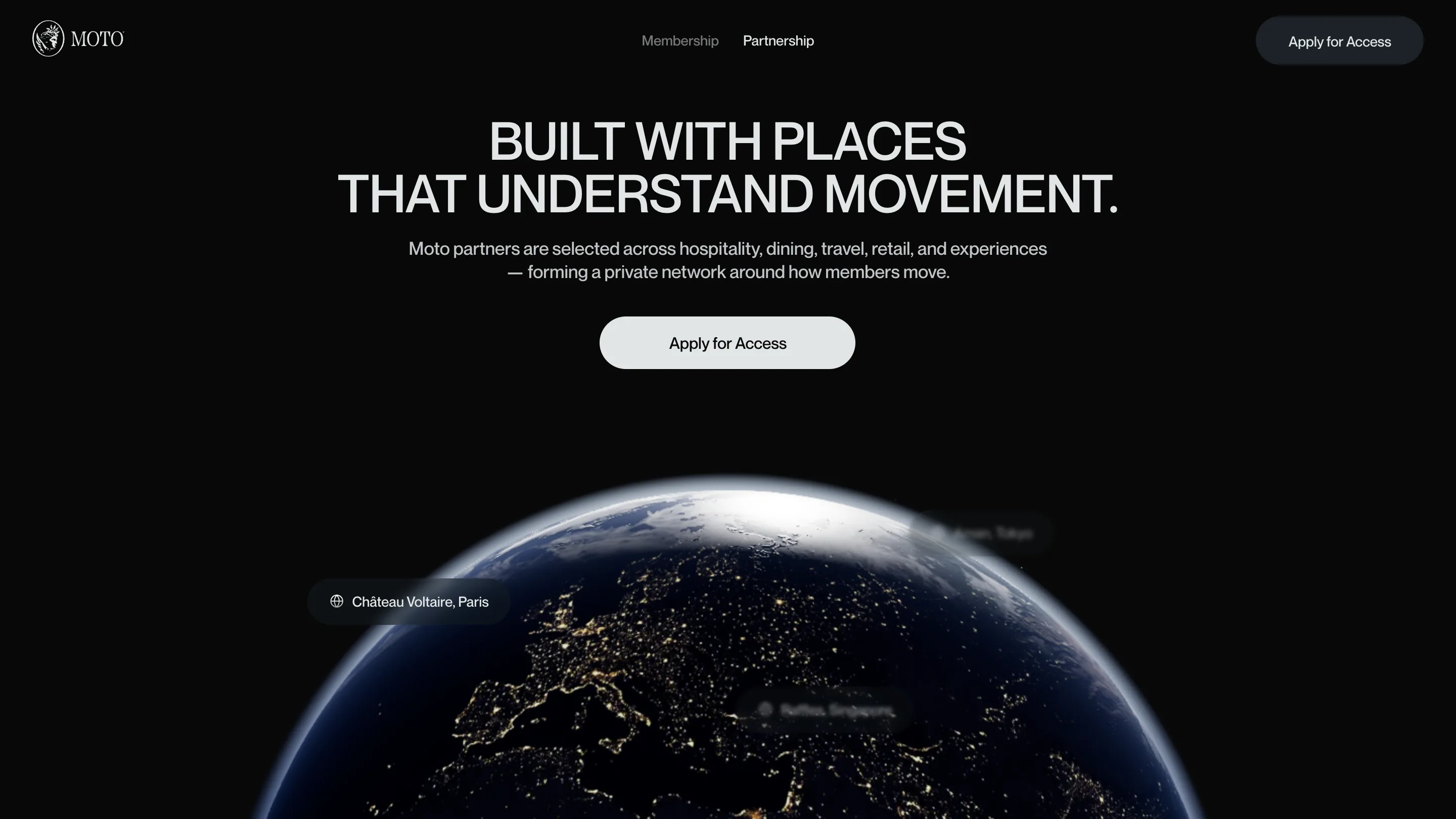 The Moto partnership page, a night-side globe with partner names pinned as small labels