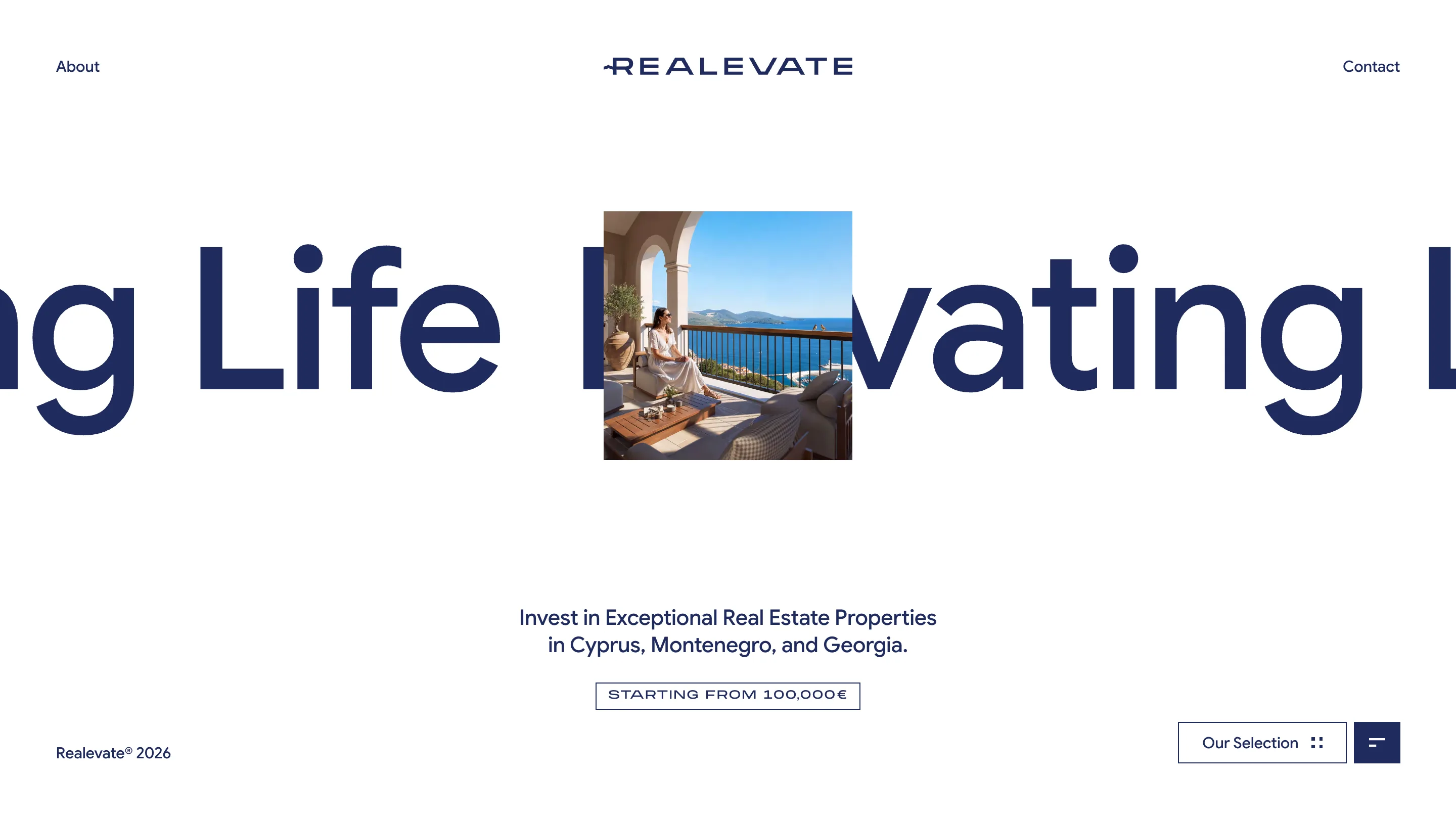Realevate home page: a giant navy headline cropped at both edges, with a small square photo of a woman on a terrace overlooking the Montenegro coast punched into the centre