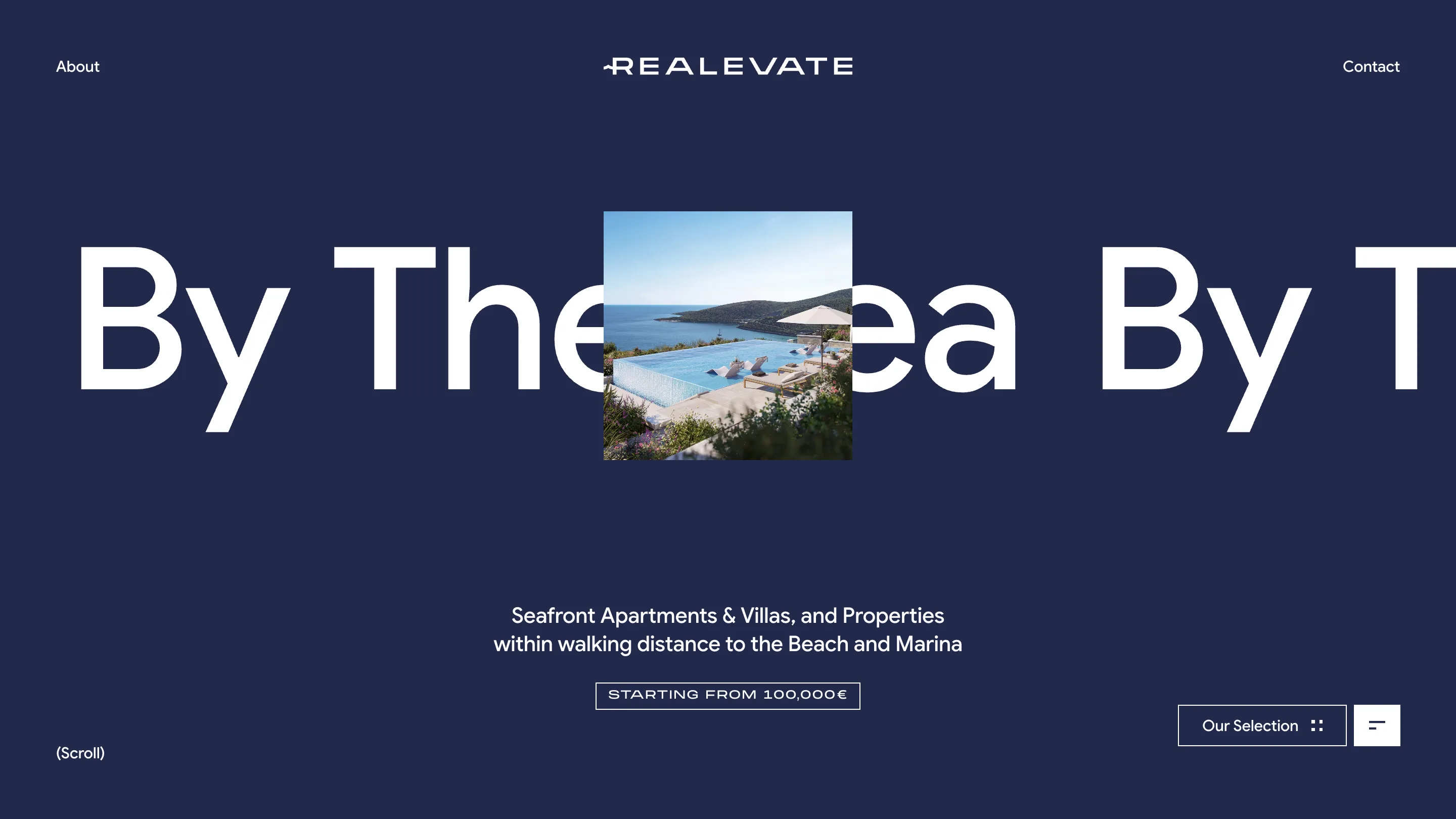 The By The Sea page on Realevate, white headline over a deep navy background with a square photo of an infinity pool