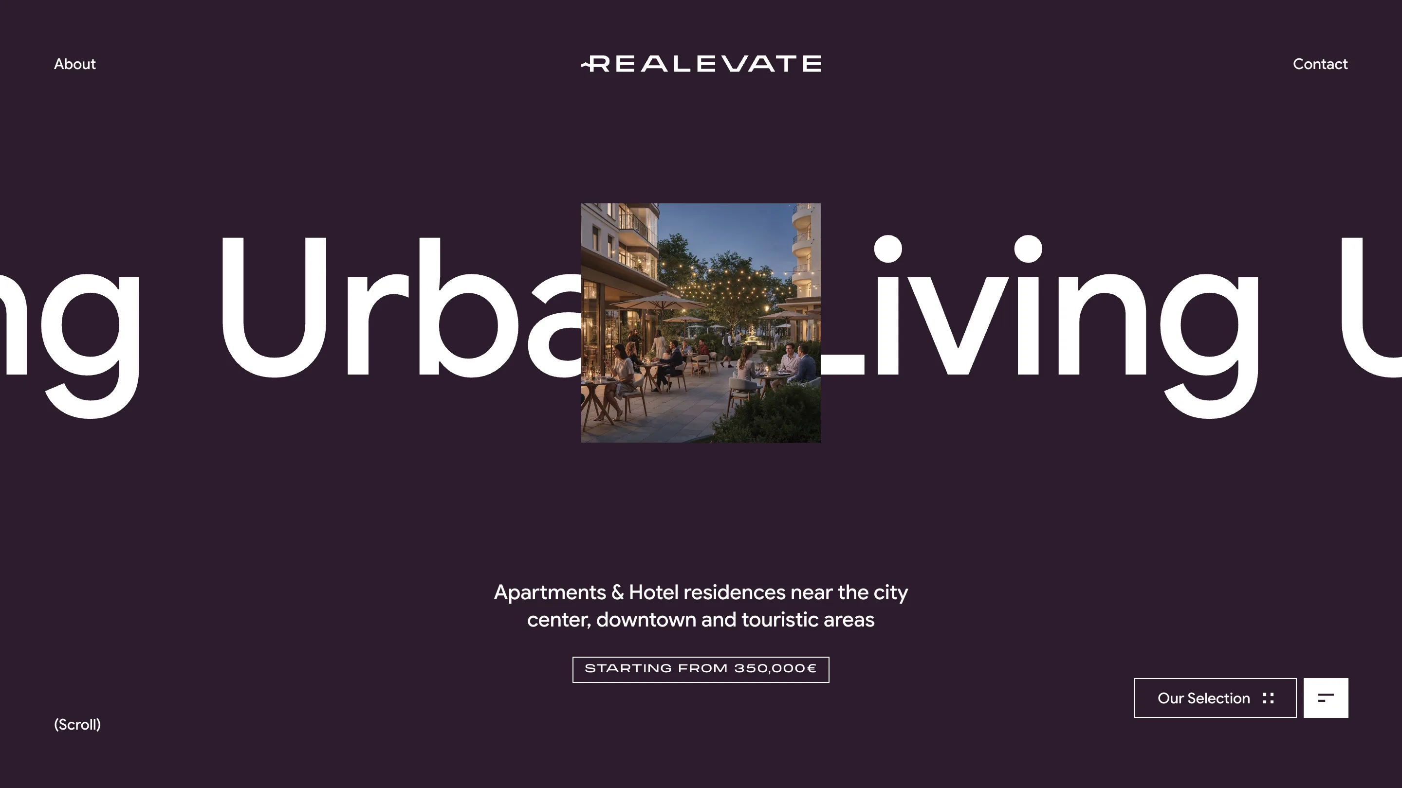The Urban Living page, white type on a dark plum background with an evening terrace photograph in the centre