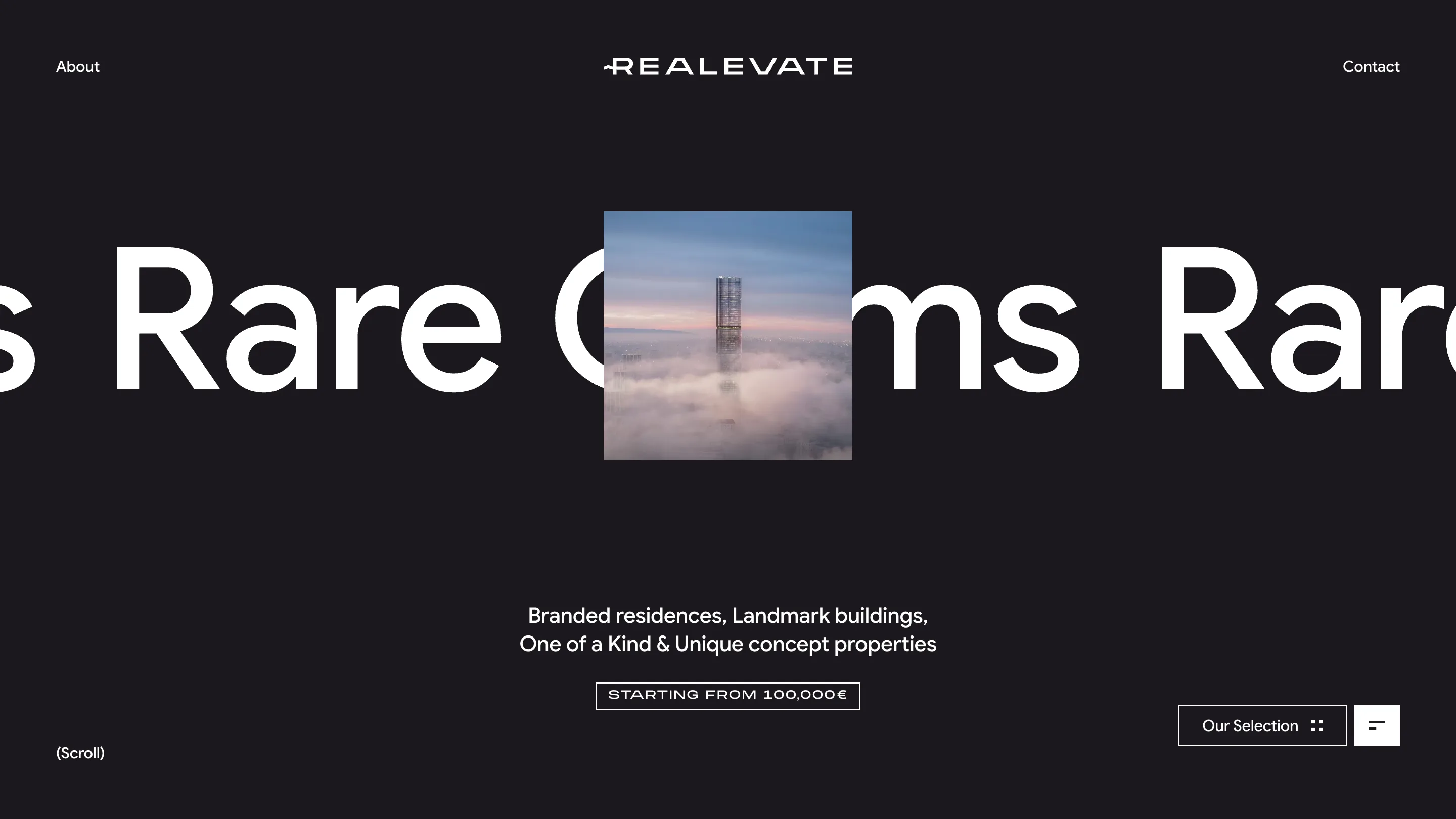The Rare Gems page, near-black background with a tower above the clouds in the centre square