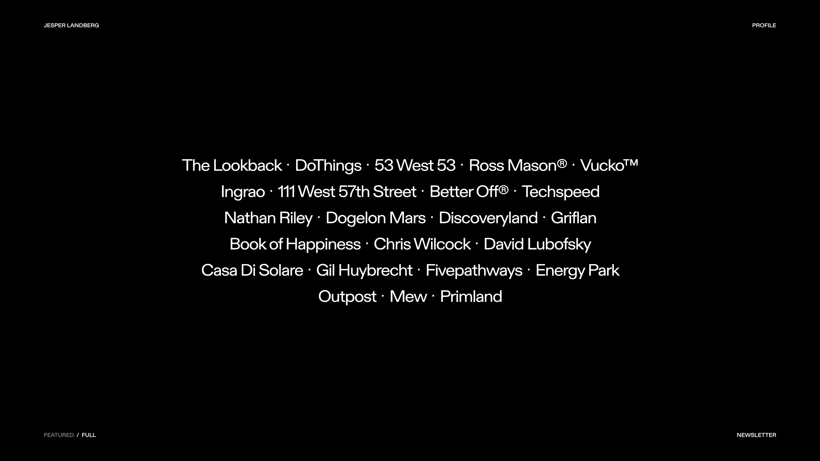 The full index on jesperlandberg.com, 23 project names centred in white on black