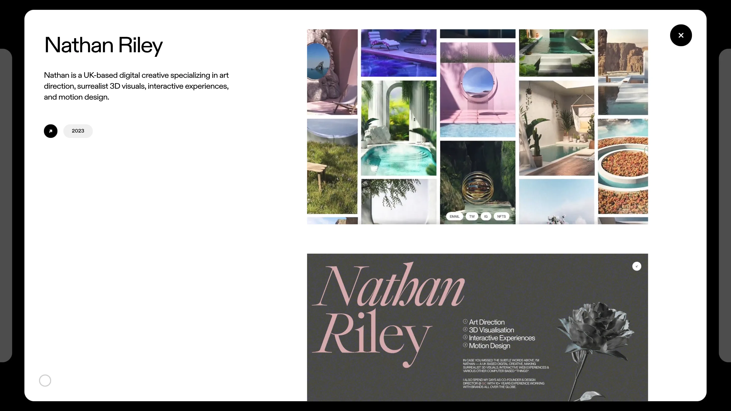 The Nathan Riley project page on jesperlandberg.com, a white sheet sliding over the black stage