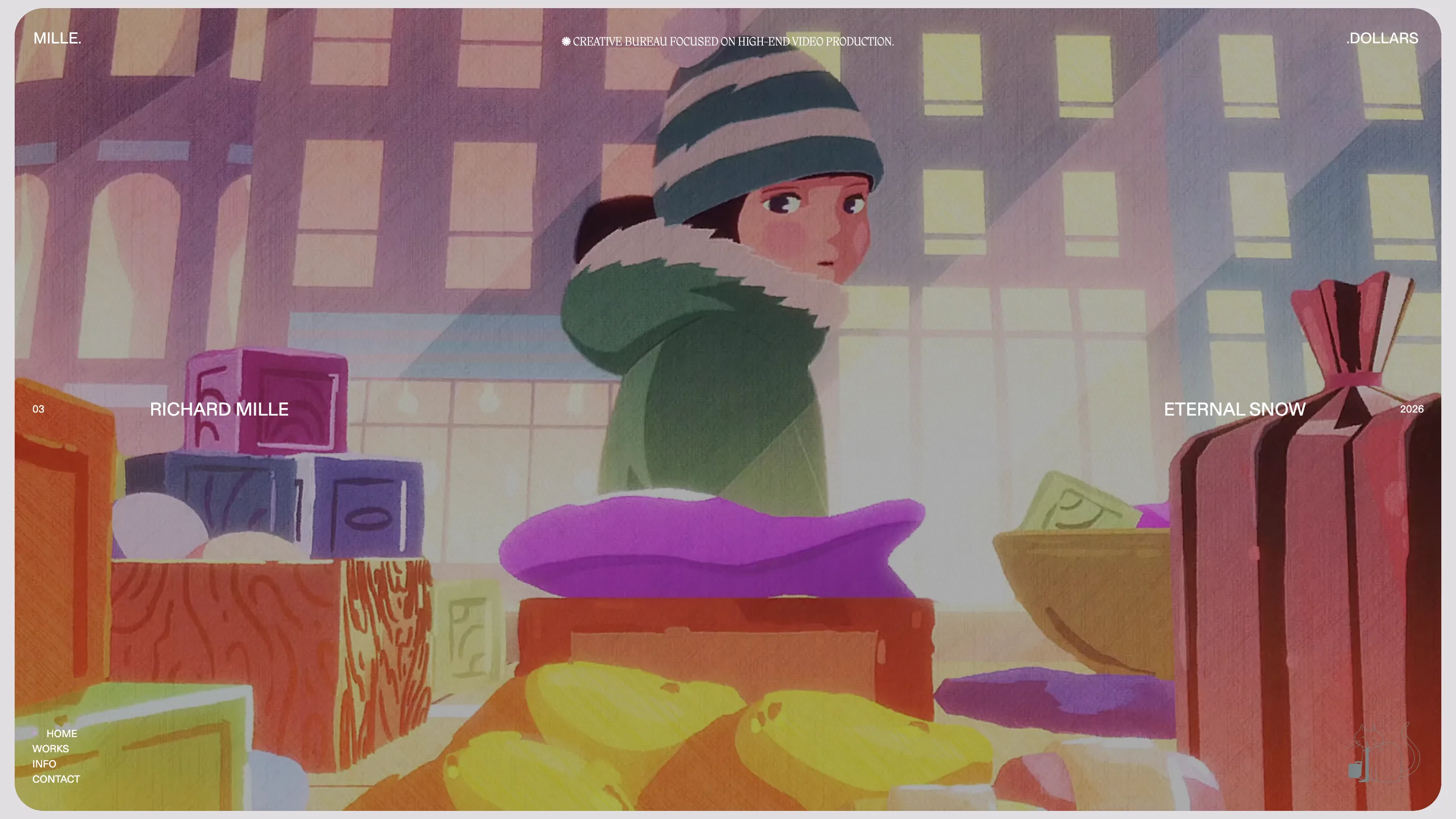The Milledollars home page: an animated film still full screen, with MILLE. and .DOLLARS in the top corners and Richard Mille, Eternal Snow split across the middle