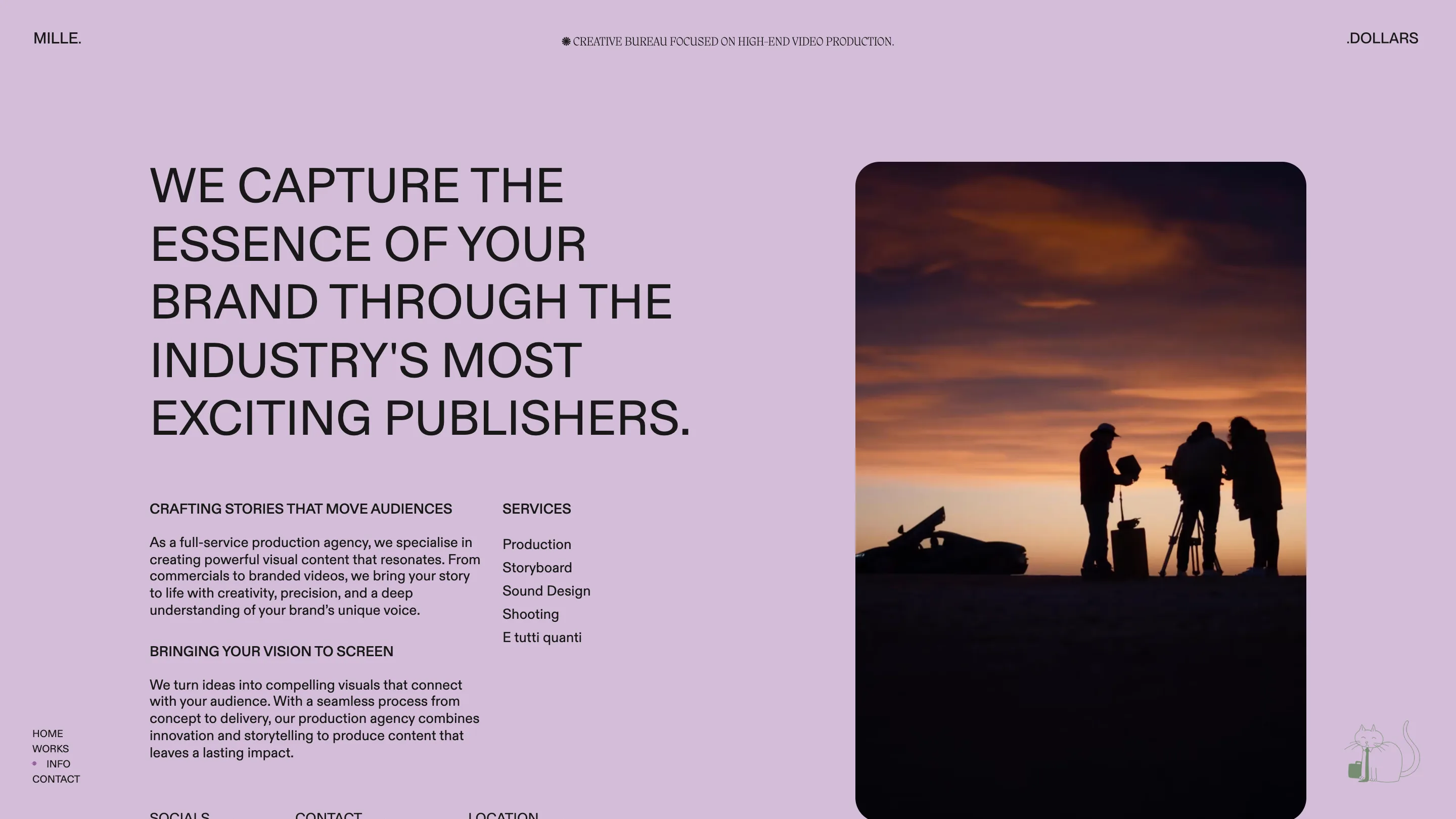 The Milledollars info page in lilac, with a large uppercase statement on the left and a crew silhouetted against a sunset on the right